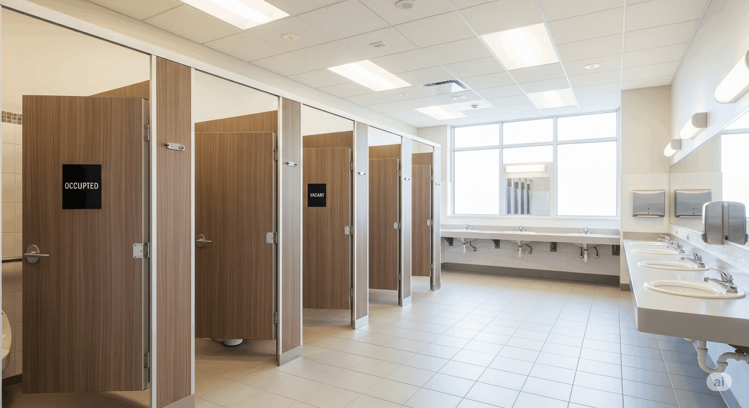 明るく清潔な公共トイレの個室ドア周辺を描いた画像