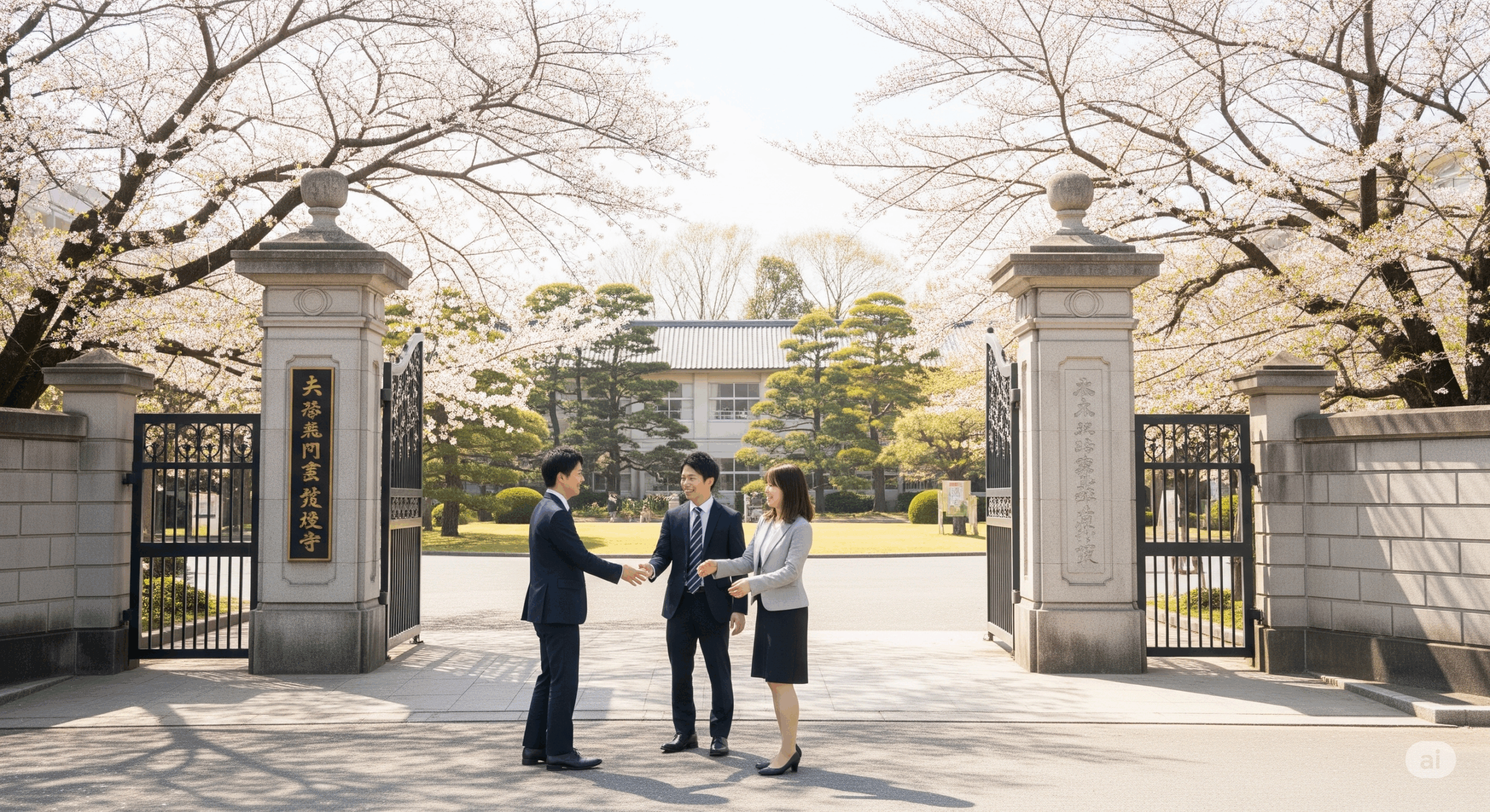 卒業生が母校の校門を訪れるシーン