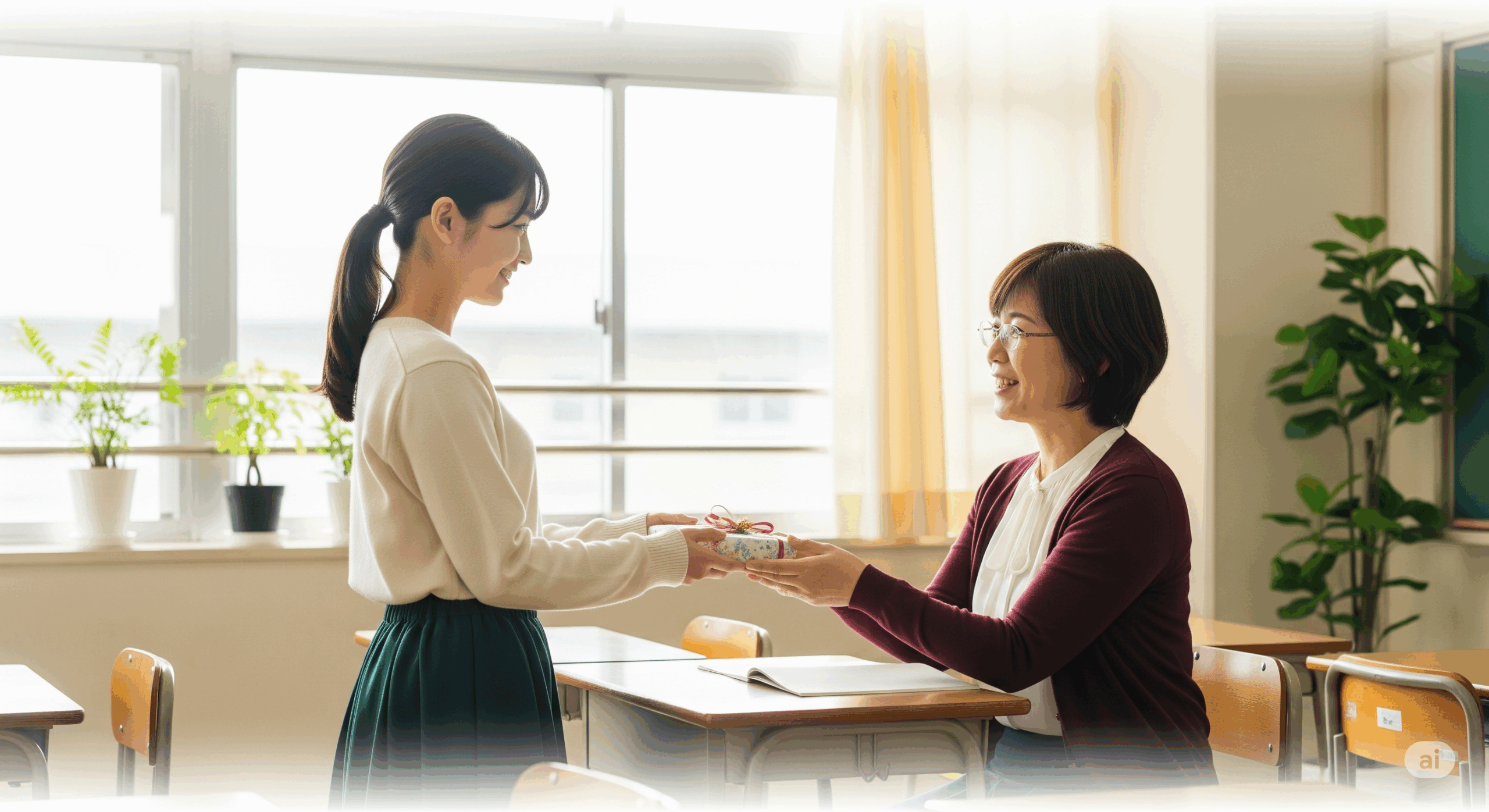 卒業生が恩師に感謝を伝えるシーン