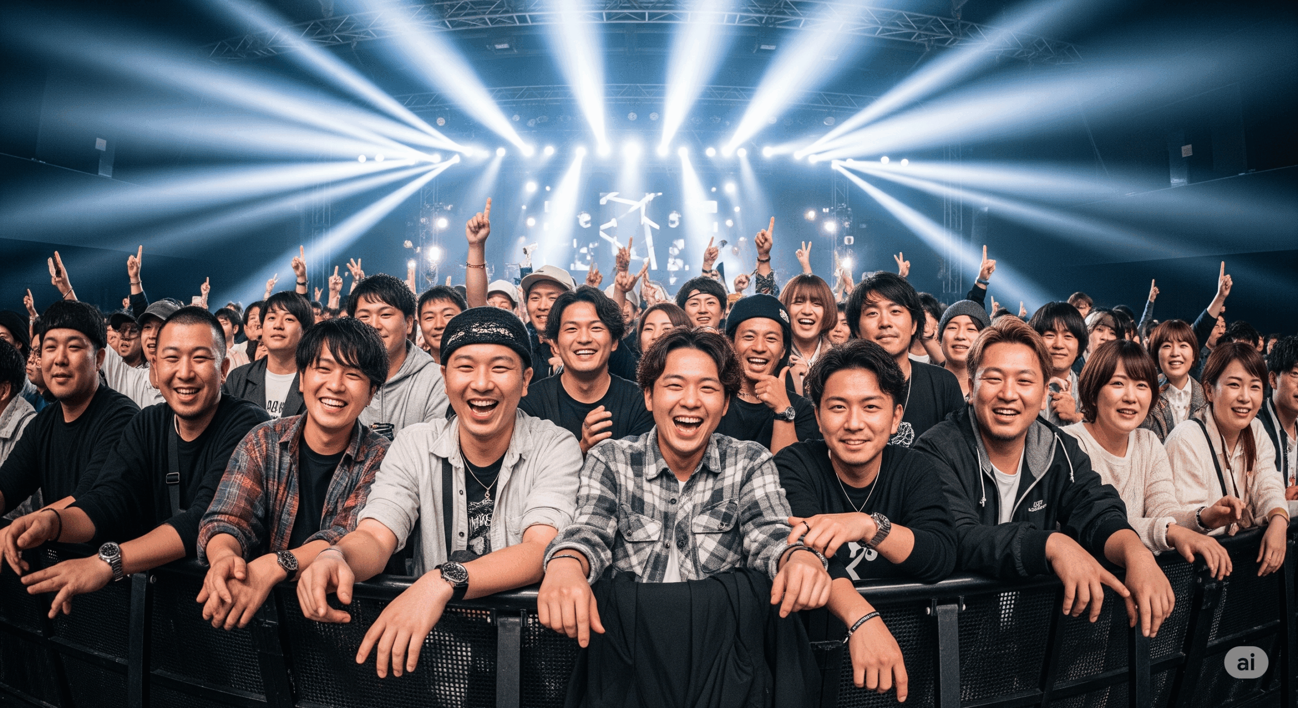 ライブイベントの最前列で、観客がステージを楽しんでいる場面