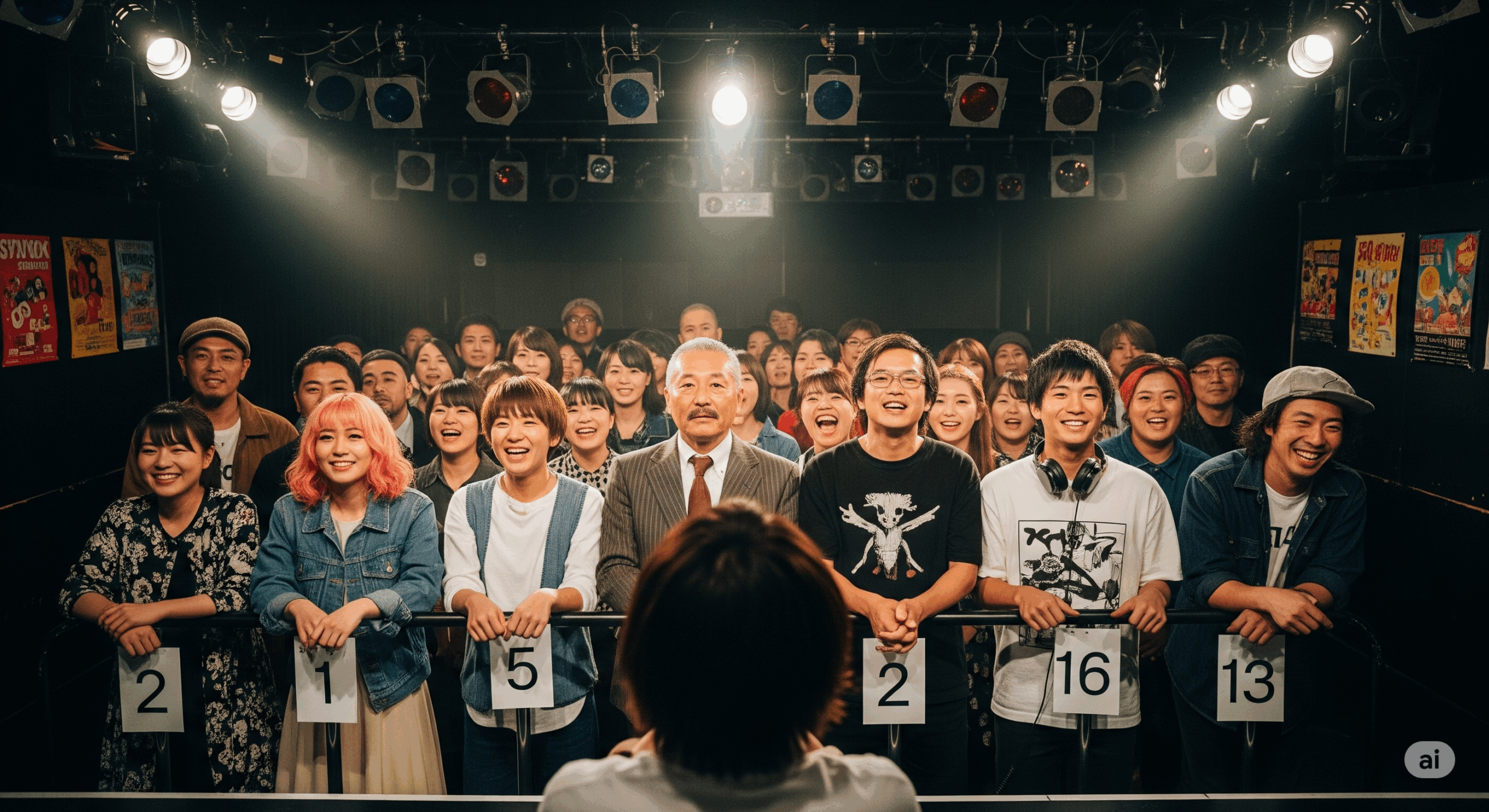 ライブハウスの最前列で、観客が整理番号順に整然と並んでいる場面