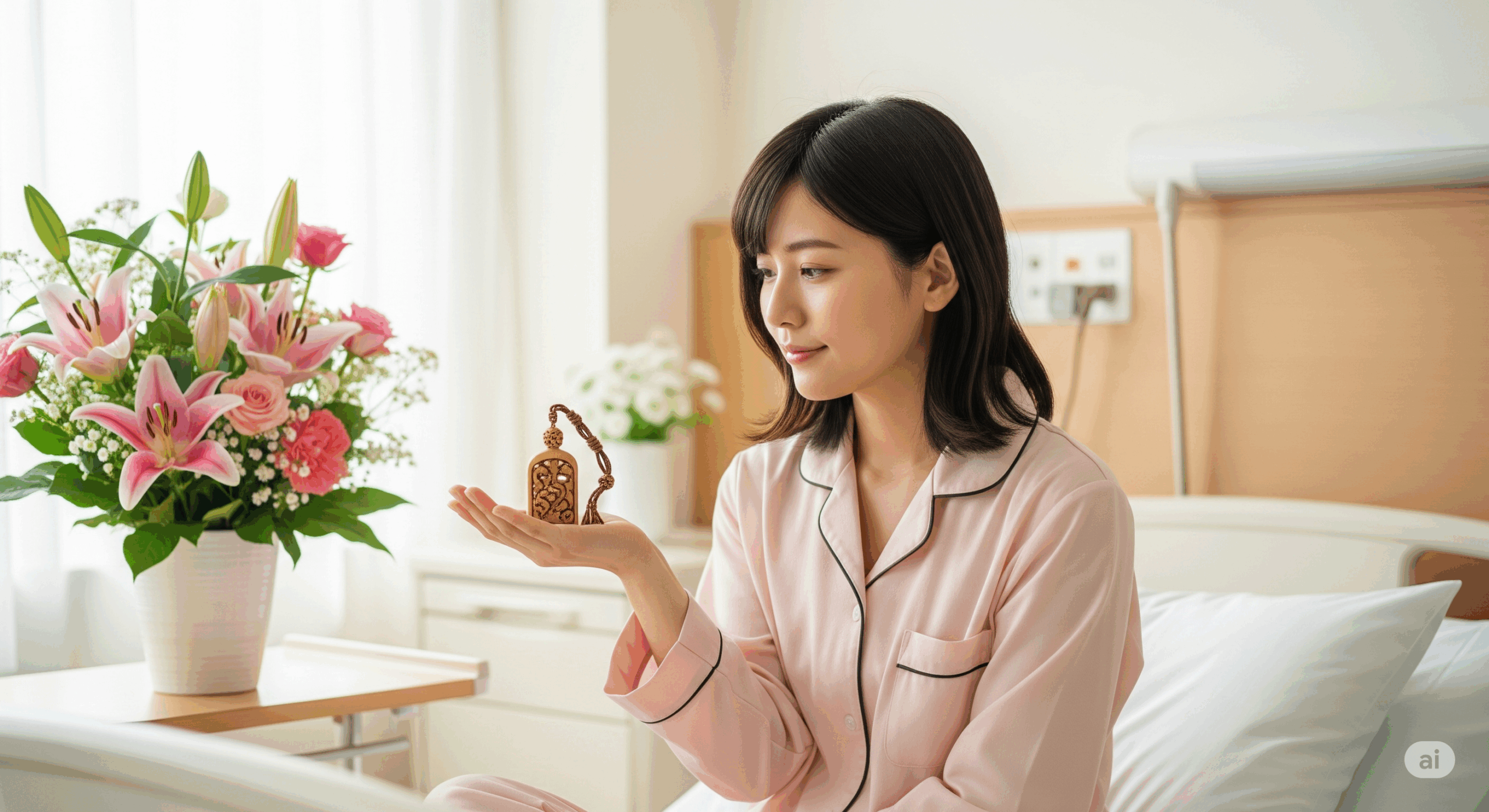 20代の日本人女性患者がパジャマ姿でベッドに座り、手のひらに小さなお守りを大切そうに持っている温かい場面