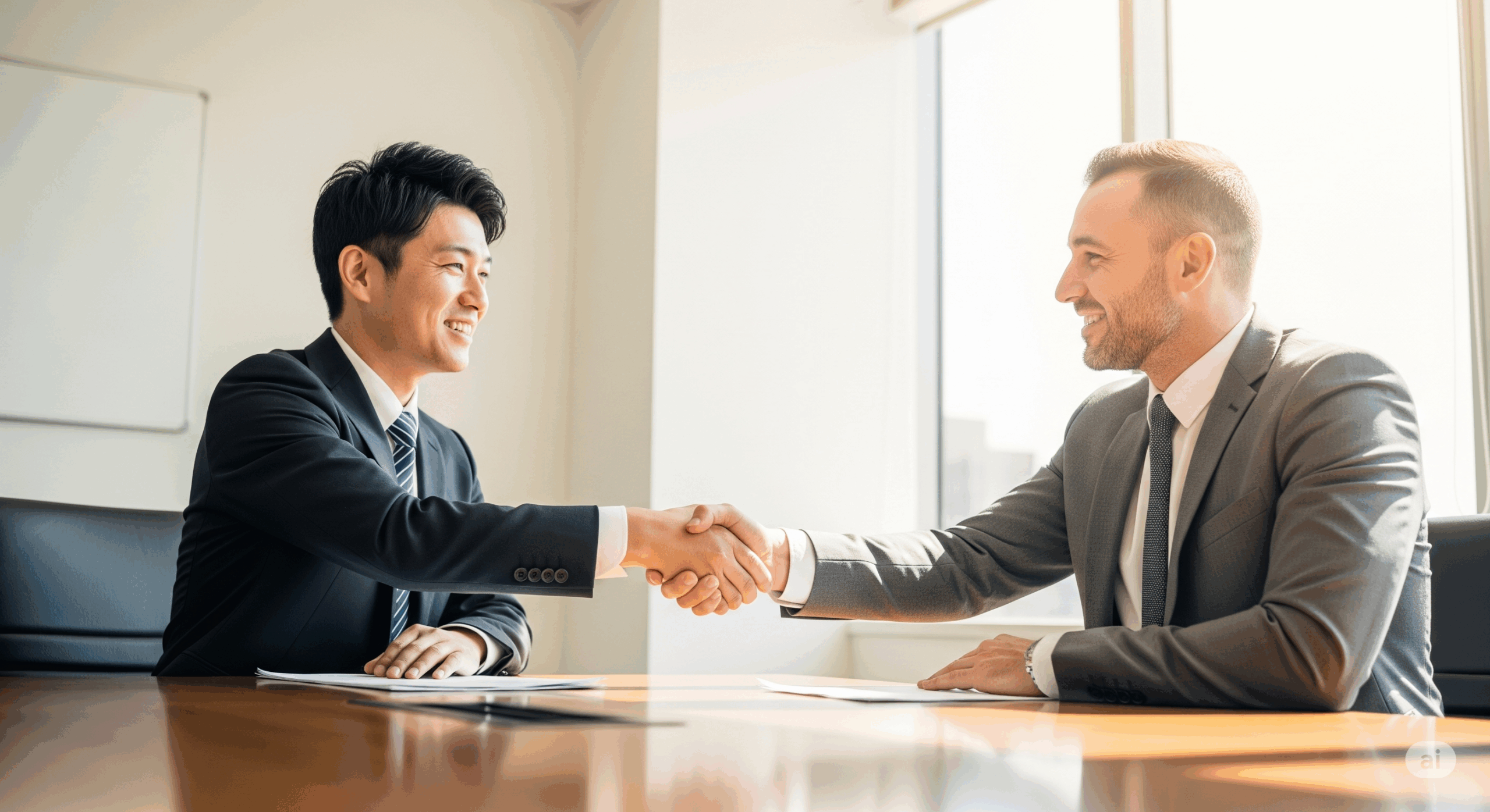 çŸä»£çãªãªãã£ã¹ã®äŒè°å®€ã§ãæ¥æ¬äººããžãã¹ãã³ãšå€åœäººããžãã¹ããŒãœã³ãåããåã£ãŠåº§ããæ¡æã亀ãããŠããæ§å