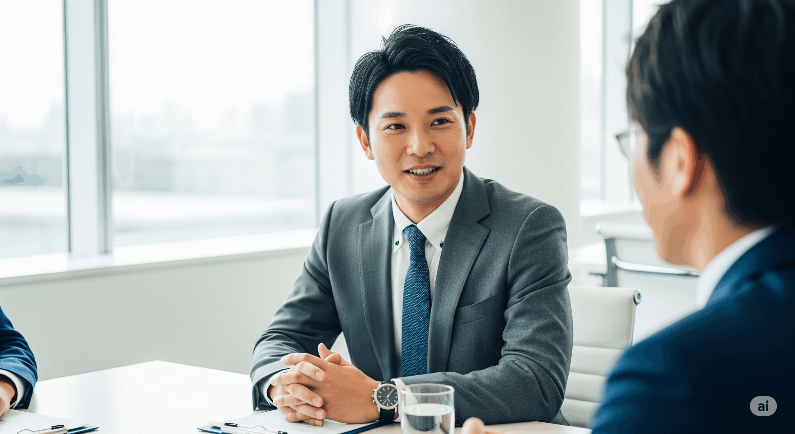 会議室で商談中の日本人男性ビジネスマンが、テーブルの上で正しい手の組み方をしている様子