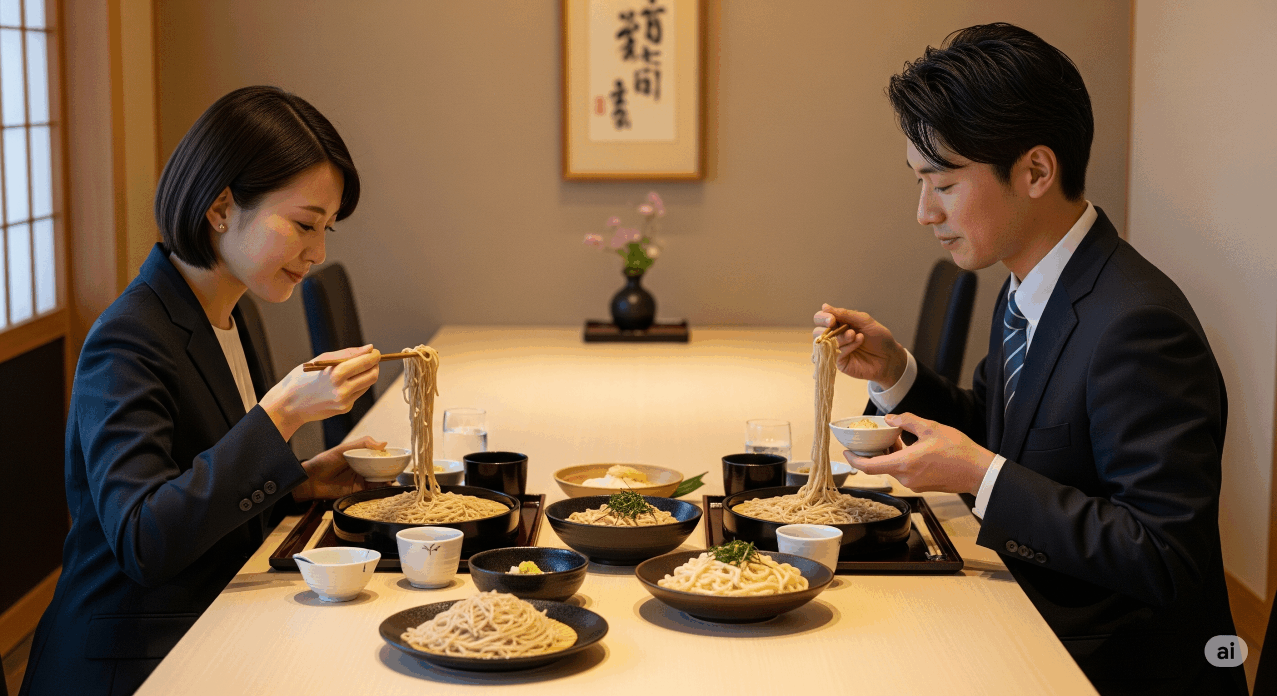 高級な日本料理店で、ビジネスパーソンの日本人男女が麺類を上品に食べている場面