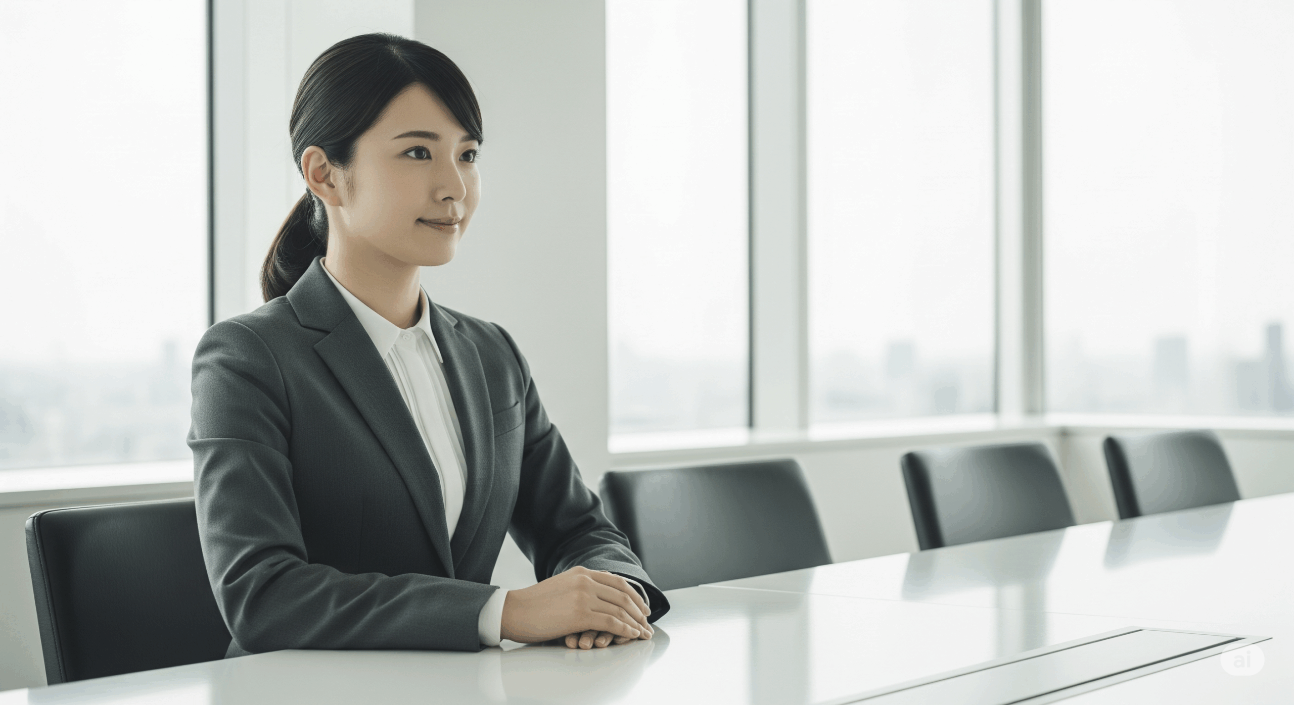 ビジネスシーンで女性が落ち着いて手を組んでいる様子