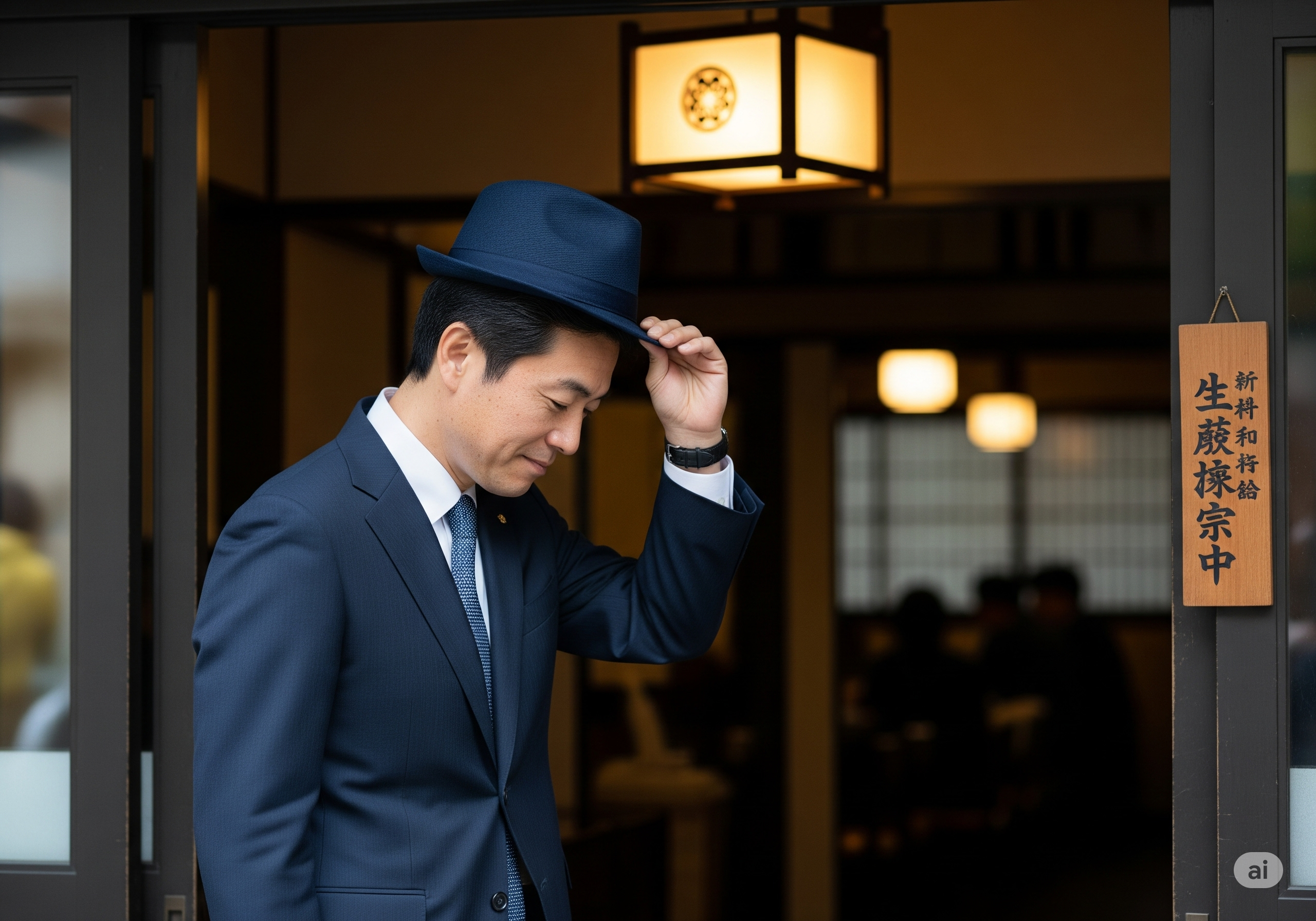 飲食店で帽子を脱ぐ紳士