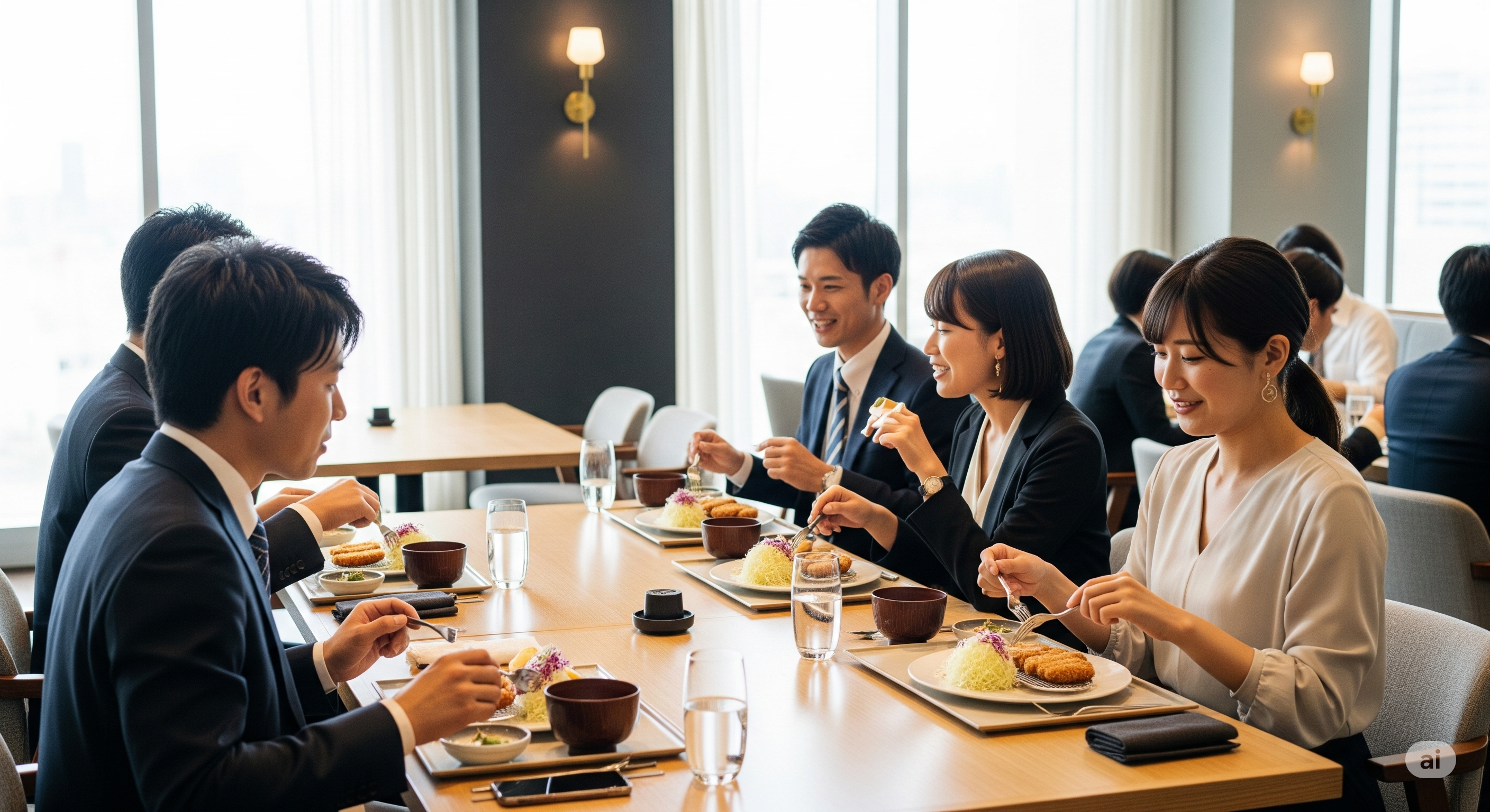会食でとんかつを食べる人たち