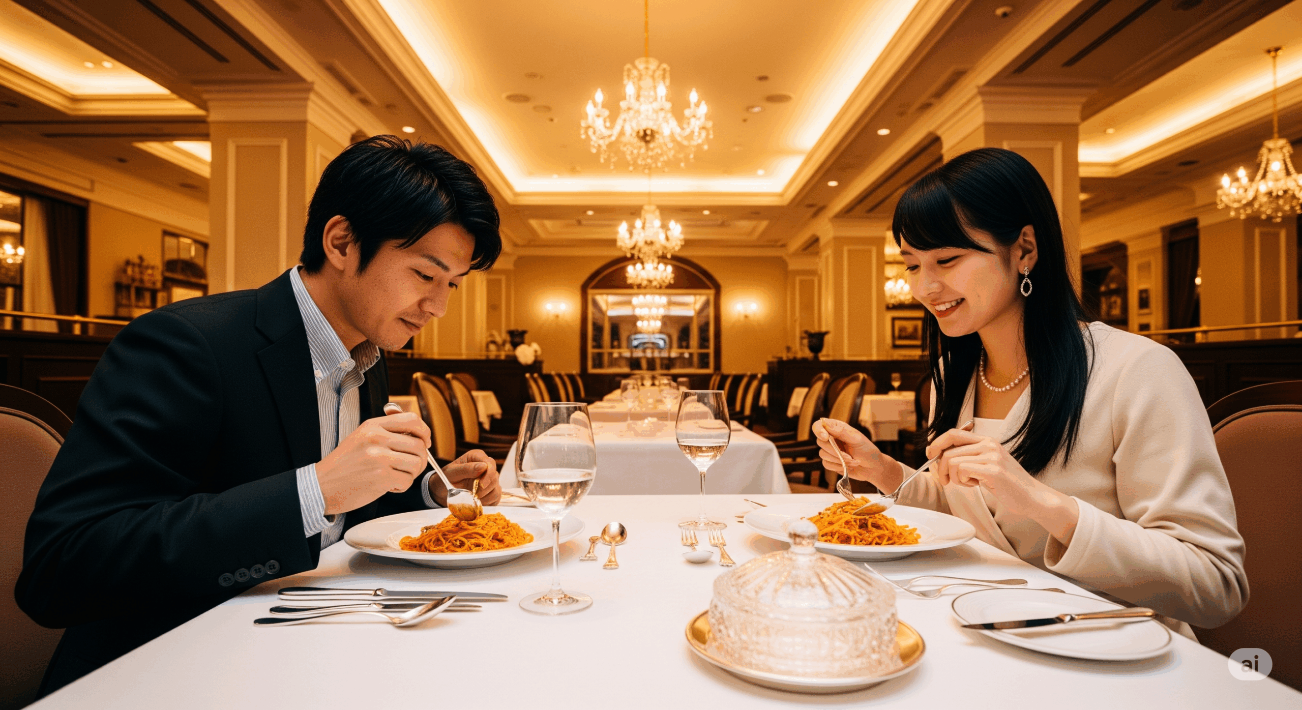 フォーマルなレストランでパスタを食べる日本人男女のシーン