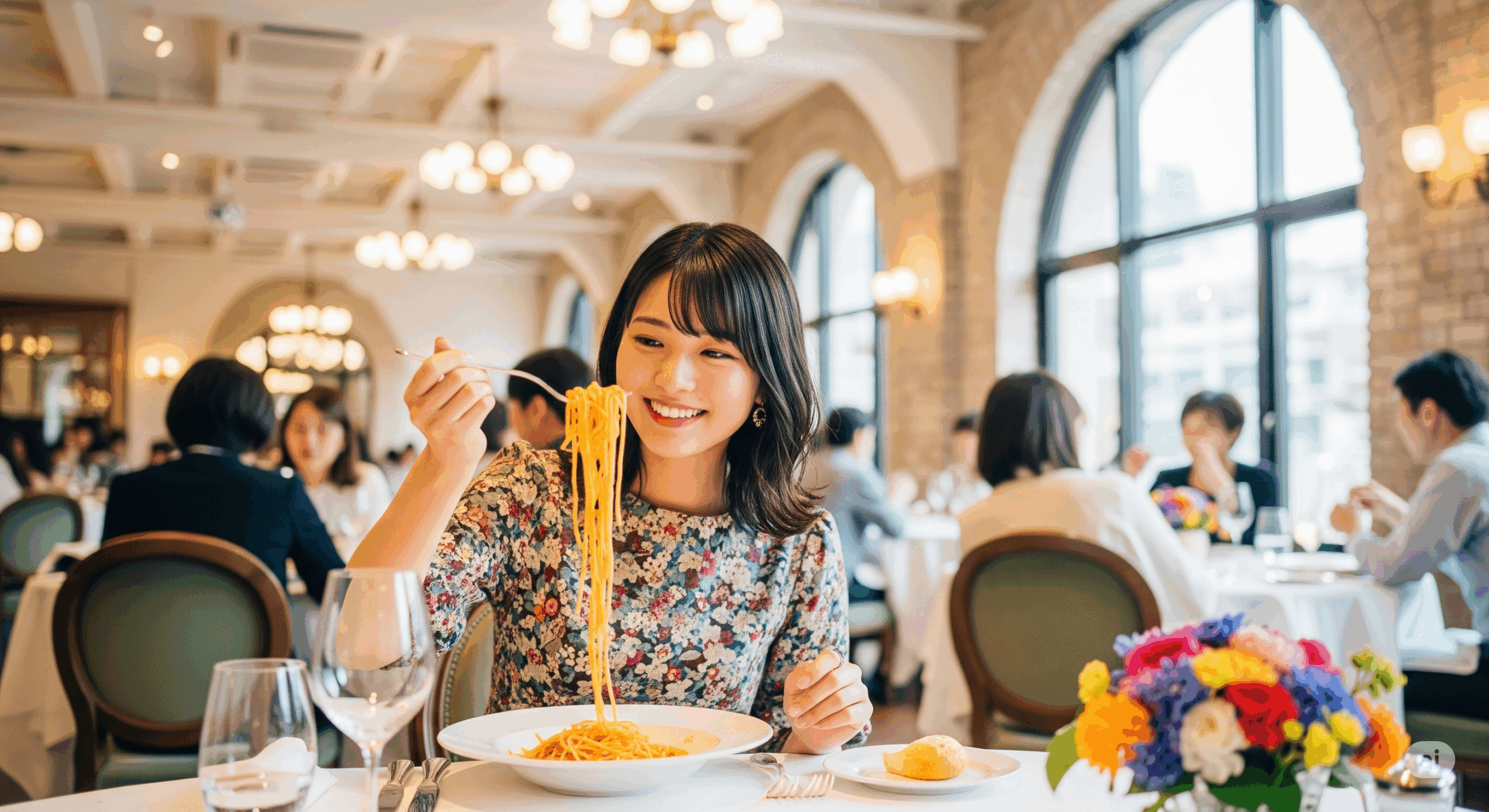 イタリアの高級レストランでパスタを食べるシーン