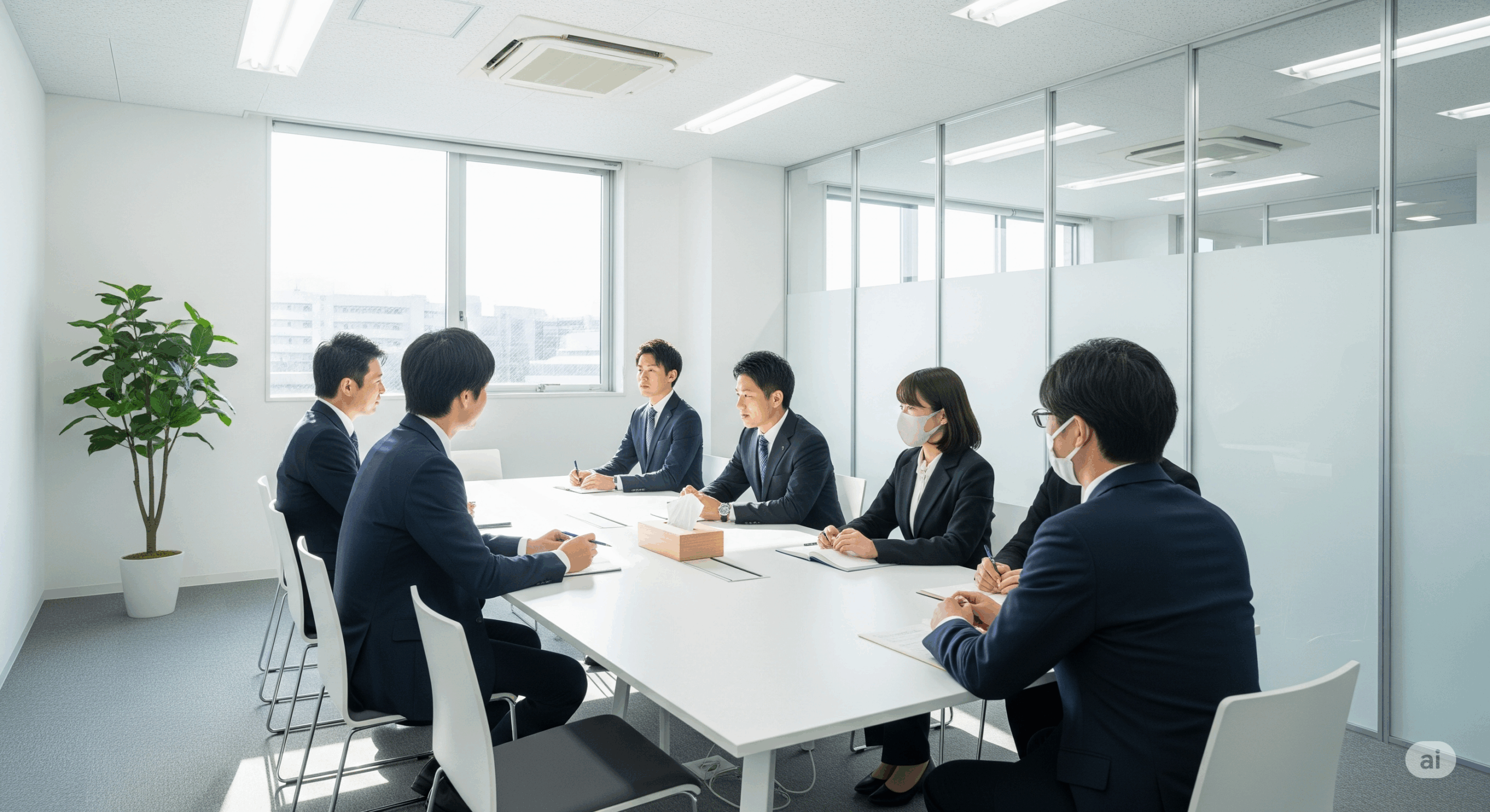 複数の日本人ビジネスパーソンが会議室で打ち合わせをしている様子