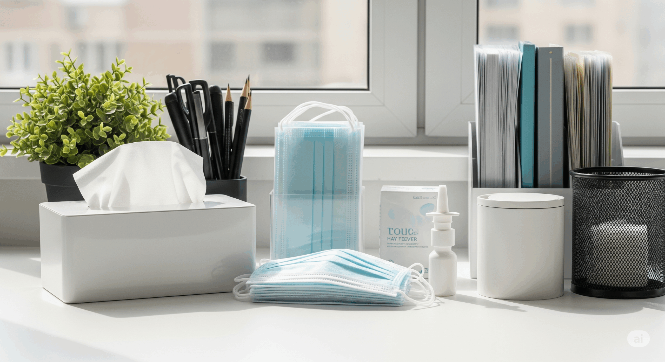 花粉症対策グッズが整理されたオフィスデスクの様子