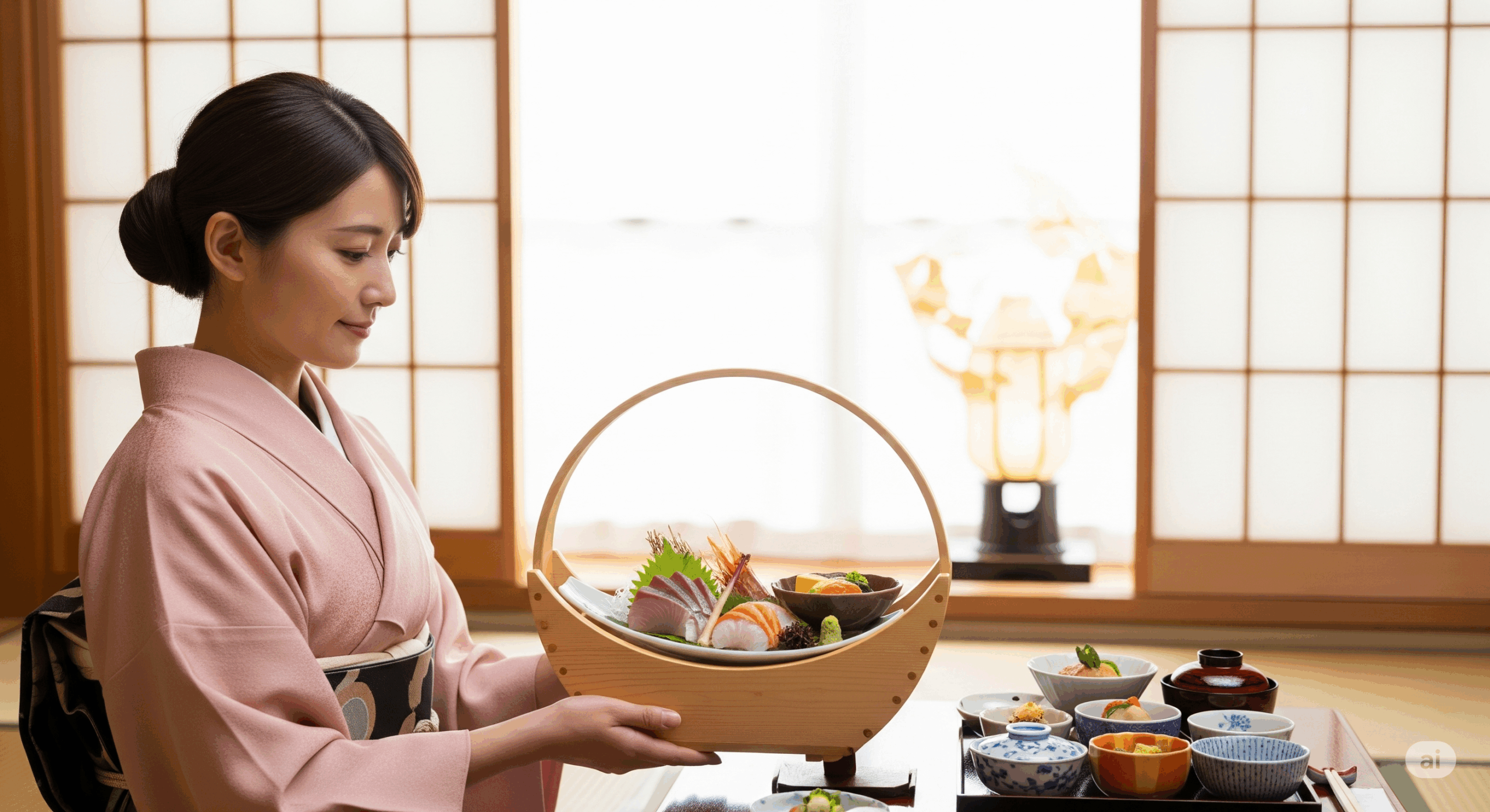 伝統的な和食の食卓風景で、美しい木製の半月盆に季節の料理が丁寧に盛り付けられている様子