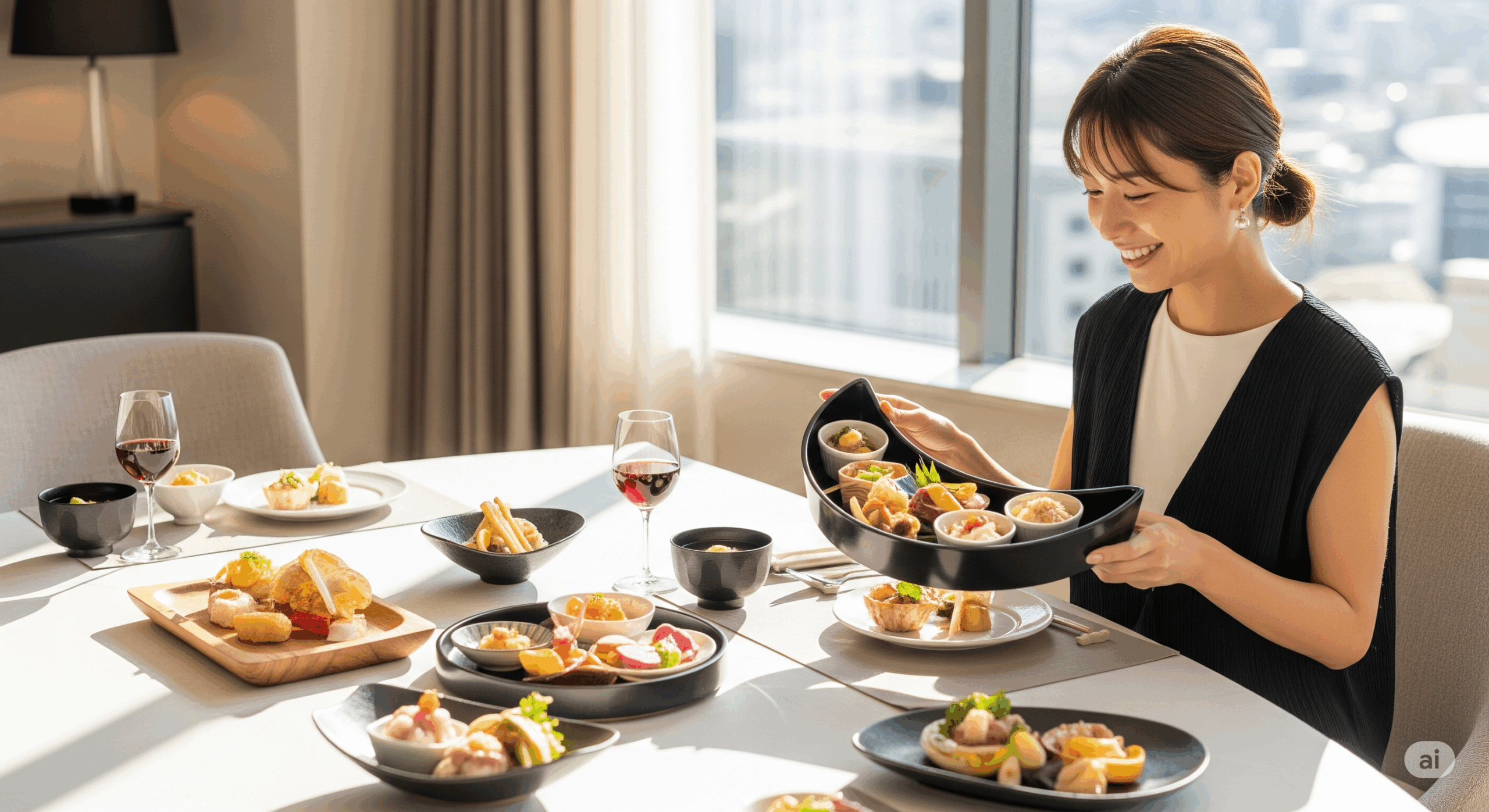 現代的なダイニングテーブルの上に半月盆が置かれ、和食と洋食が融合した創作料理が美しく盛り付けられている風景