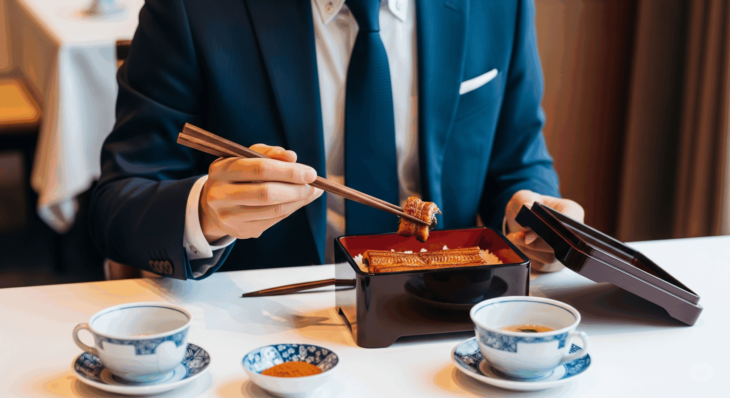 男性がビジネススーツを着て、高級料亭で重箱に入ったうな重を丁寧に食べている様子