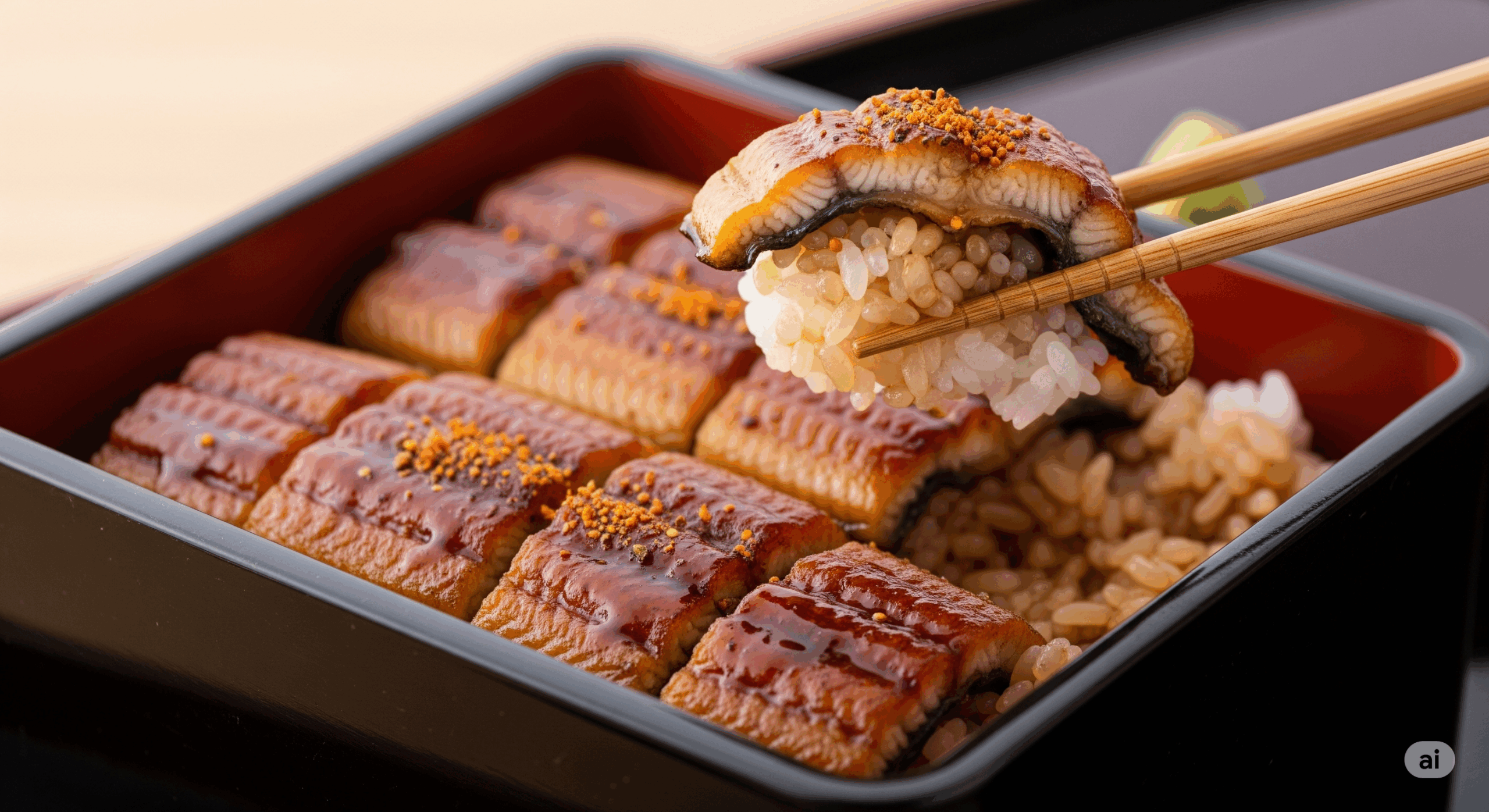 重箱に美しく盛り付けられたうな重のクローズアップ