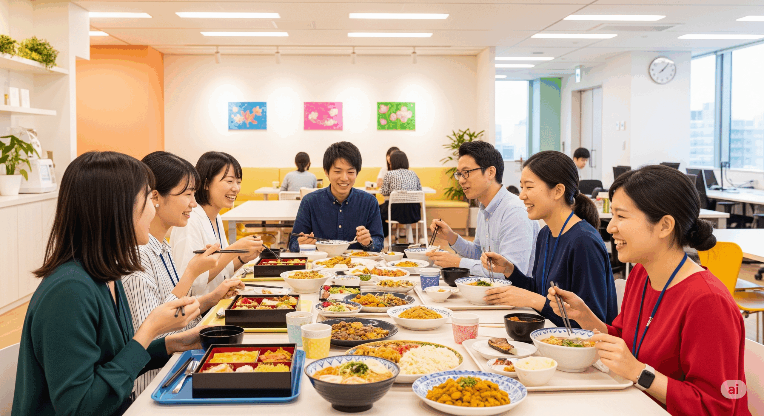 日本のオフィスの休憩室で、日本人とネパール人が一緒にランチを楽しんでいる様子