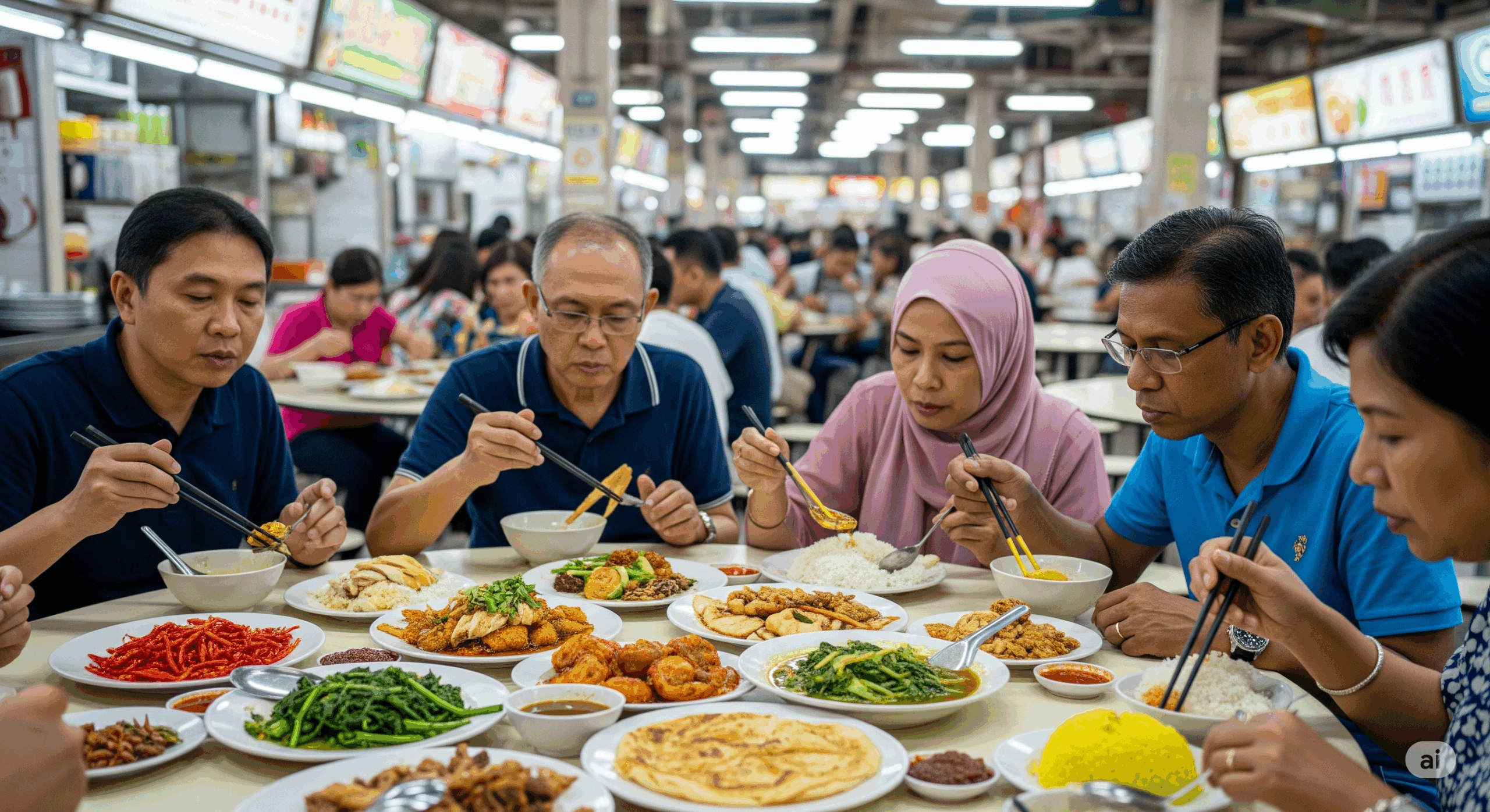 シンガポールの伝統的なホーカーセンターの内部風景