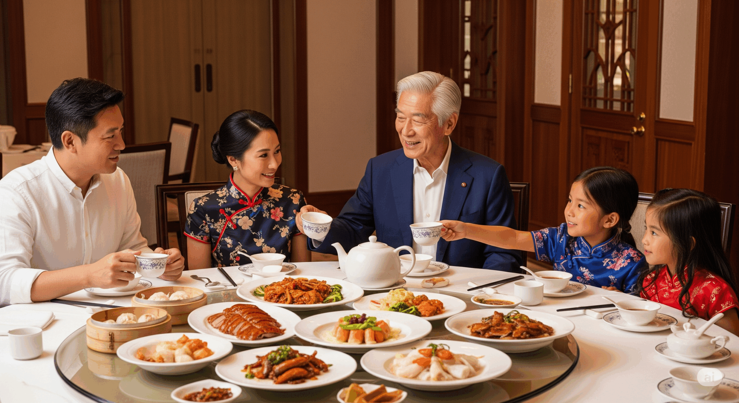 シンガポールの高級中華レストランの円卓での食事風景