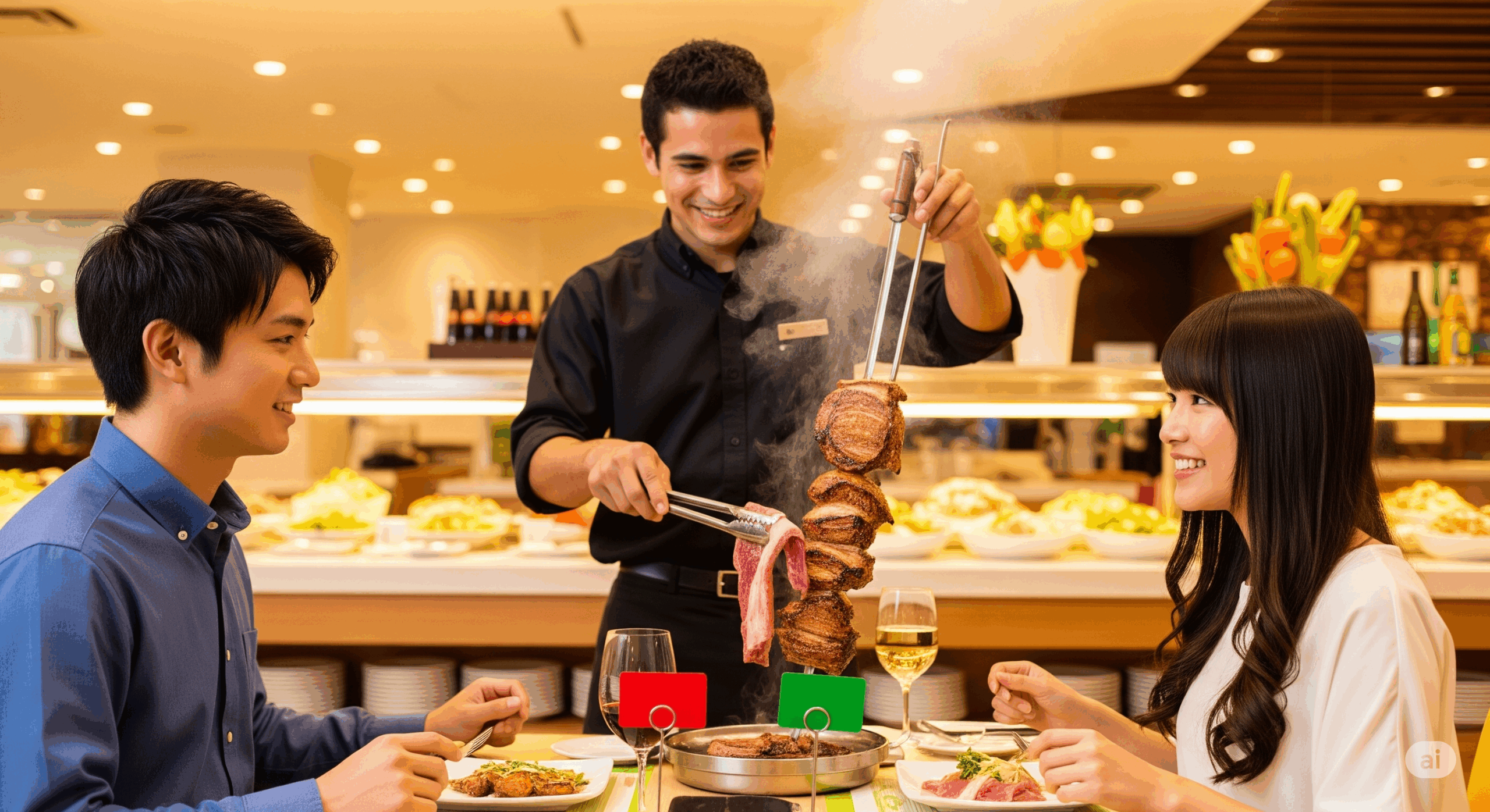 シュラスコレストランで日本人の若い男女がテーブルに着席し、店員が大きな串に刺さったお肉をトングで取り分けている様子