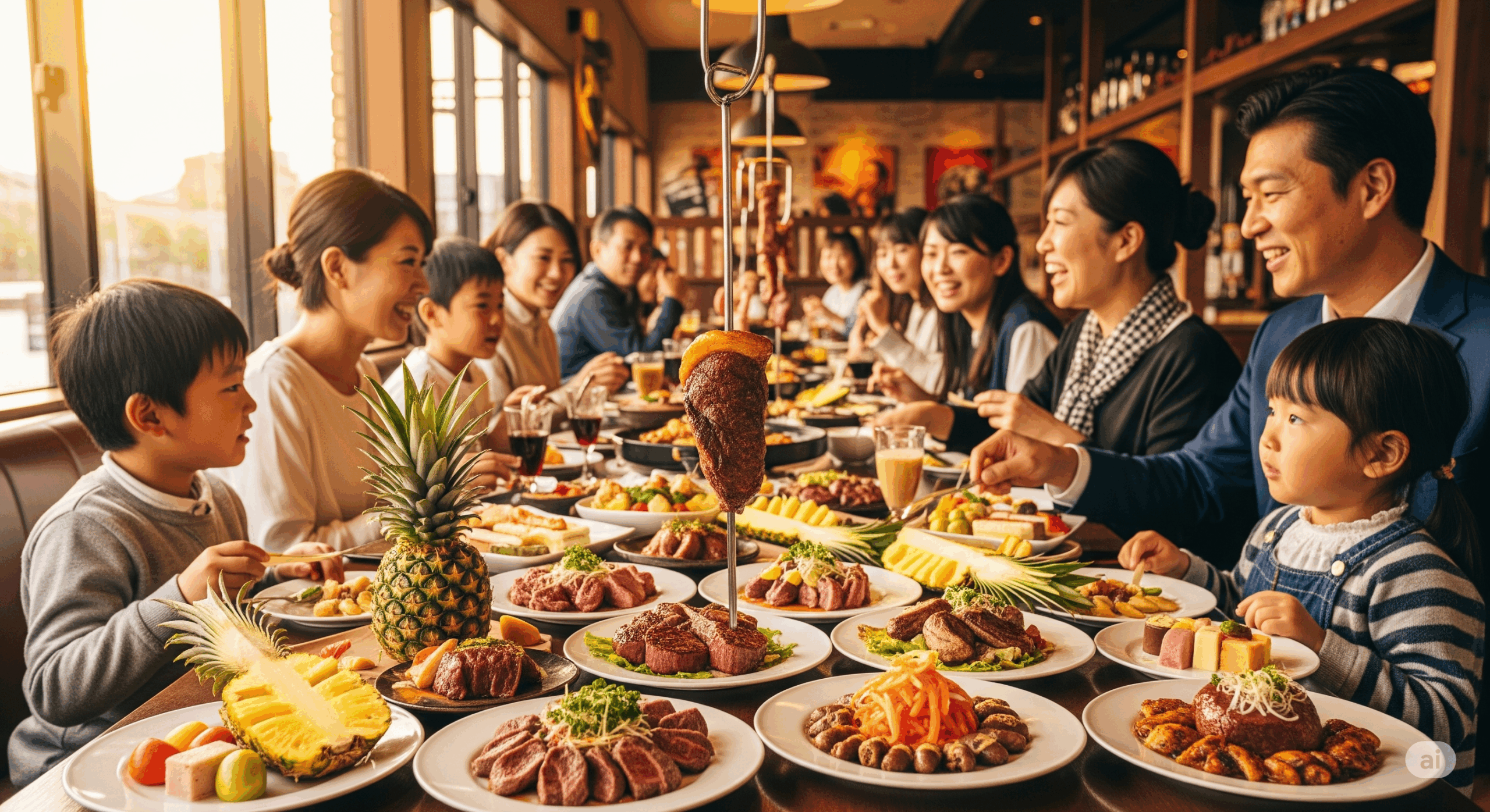 シュラスコレストランのテーブルで、様々な部位のお肉が美しく盛り付けられた皿と、パイナップルなどのデザートが並んでいる様子