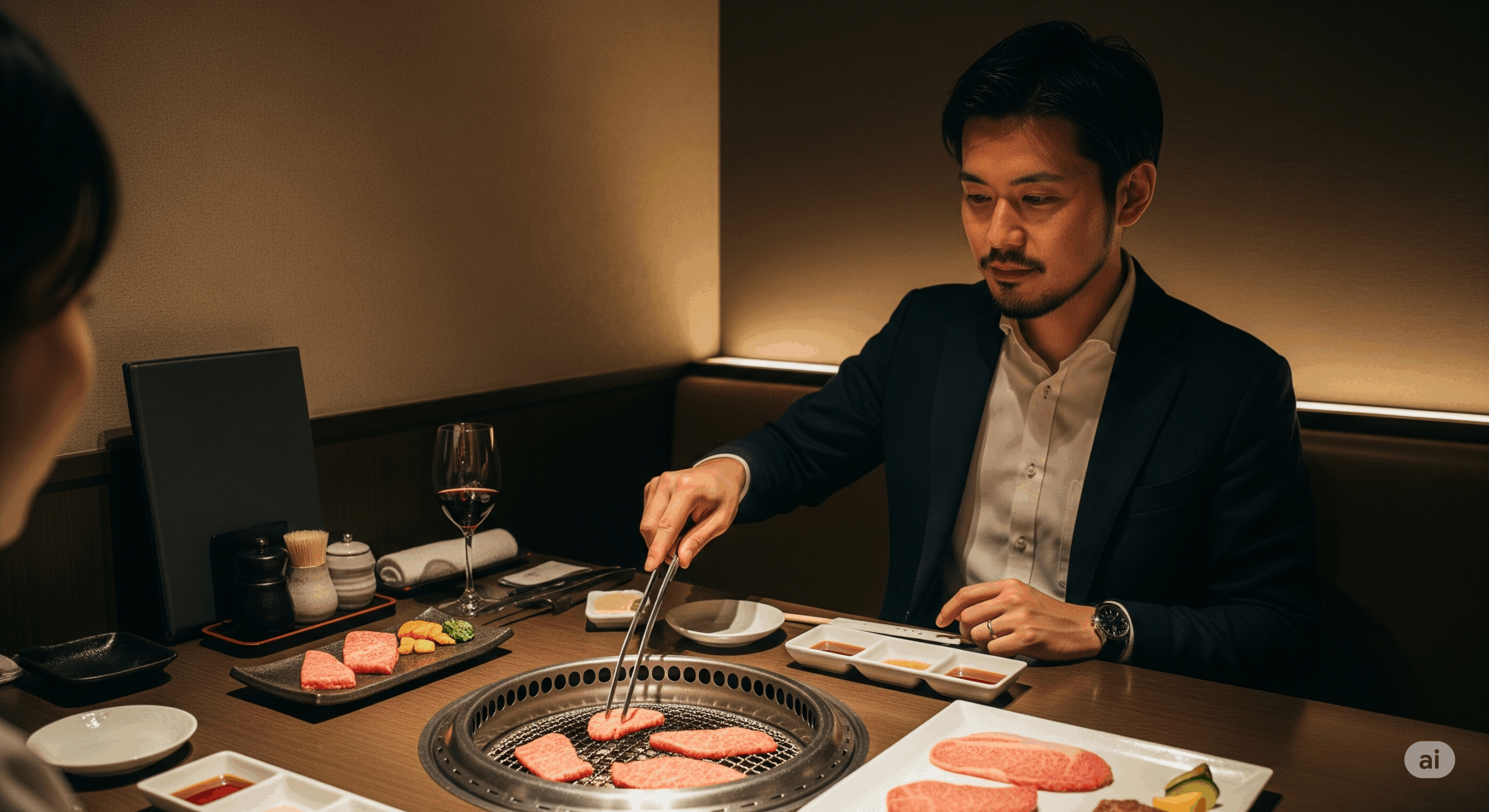 高級焼肉店の個室で、30代の日本人ビジネスマンが丁寧にトングを使って和牛を焼いている様子