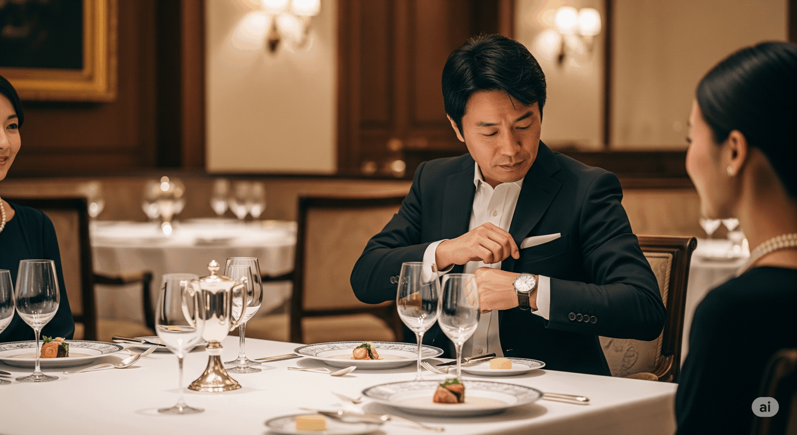 高級レストランの上品な雰囲気の中で、テーブルに着席した日本人男性が腕時計を外している場面
