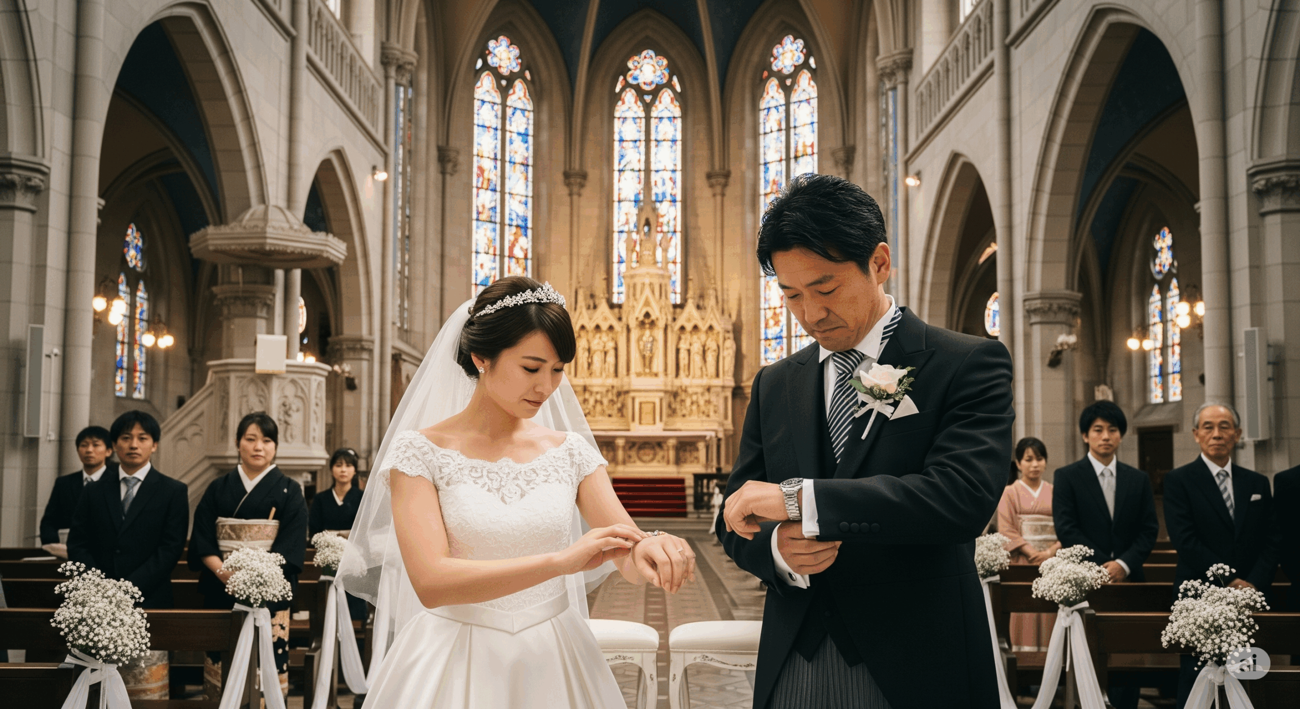 結婚式の挙式会場で、参列者の日本人男性が腕時計を外している場面