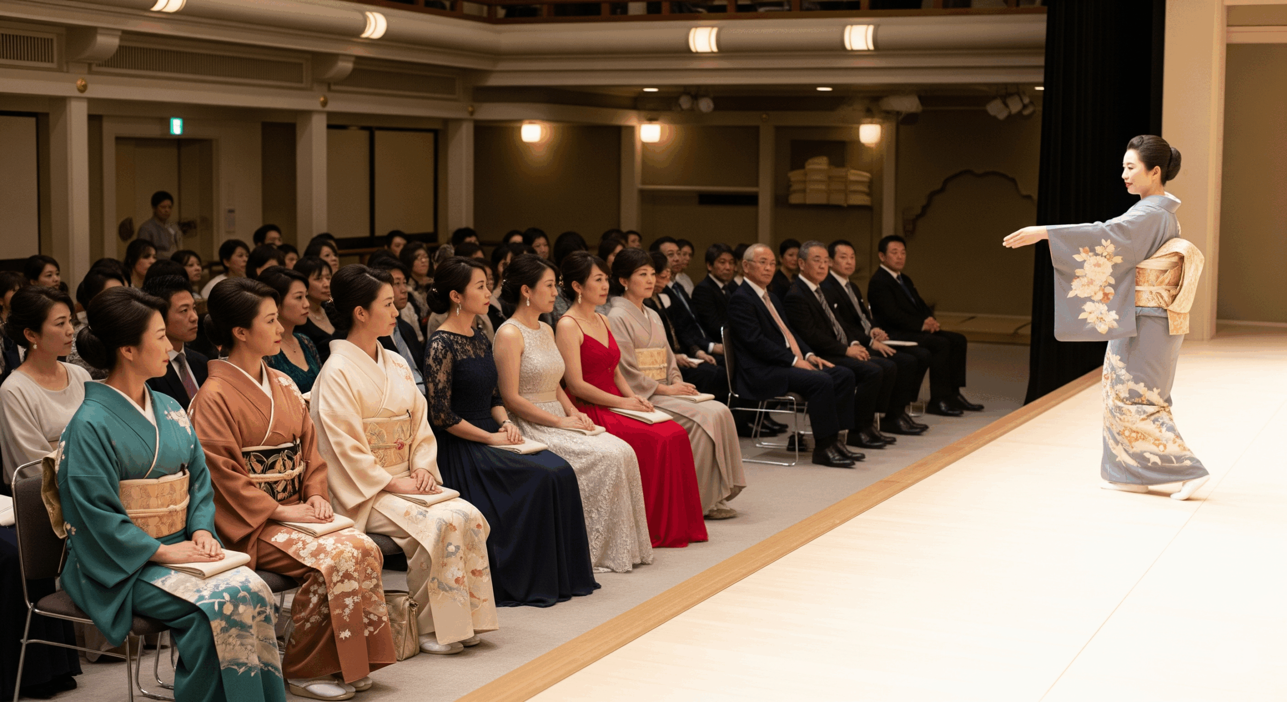 日本舞踊の劇場内で、様々な服装の観客が座席に座っている様子