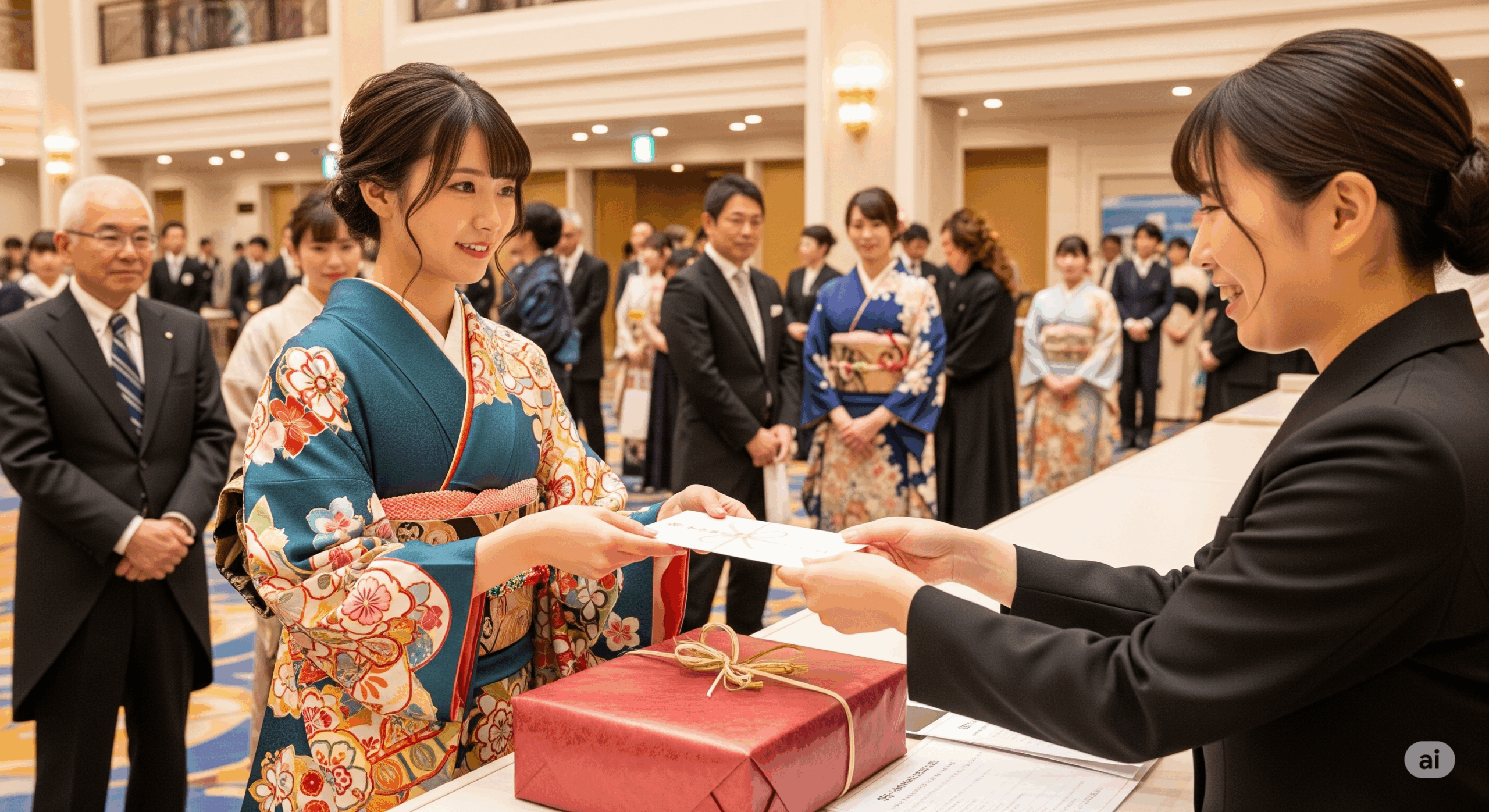 日本舞踊の発表会会場で、受付にてご祝儀を渡している場面