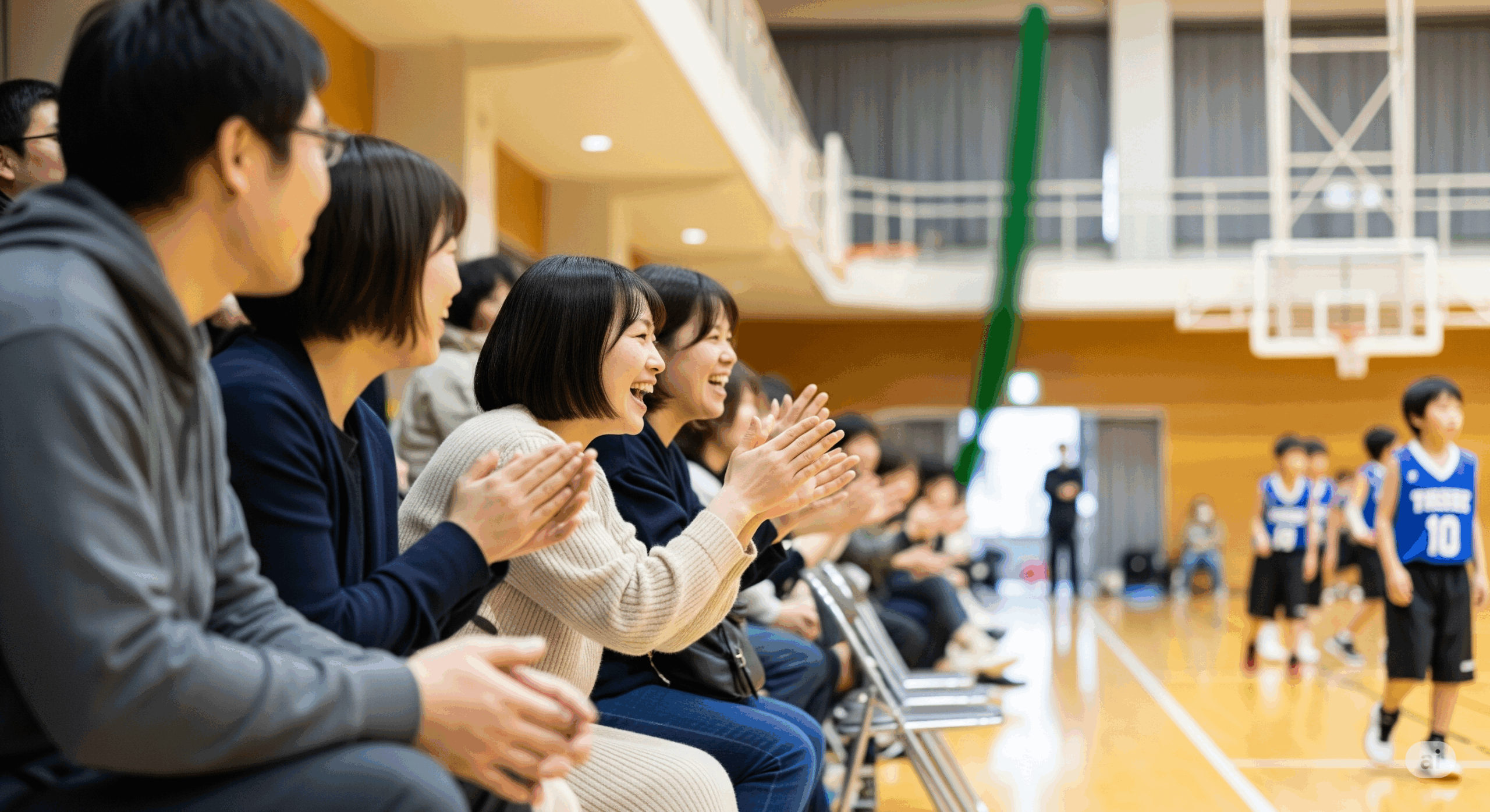 体育館でミニバスケットボールの試合中に、観客席から保護者たちが適切なマナーで応援している様子