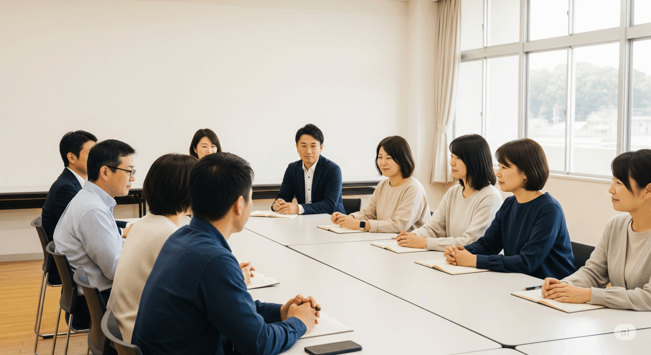 学校の会議室で保護者会が開催されている様子
