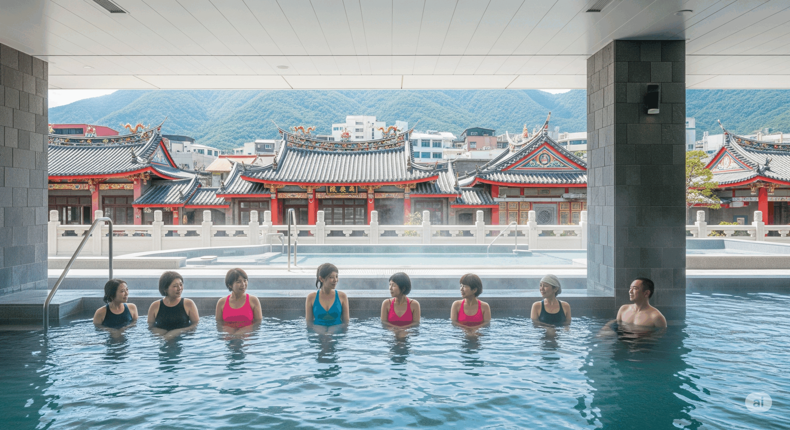 台湾の温泉施設で水着を着用した日本人観光客が温泉に入浴している様子