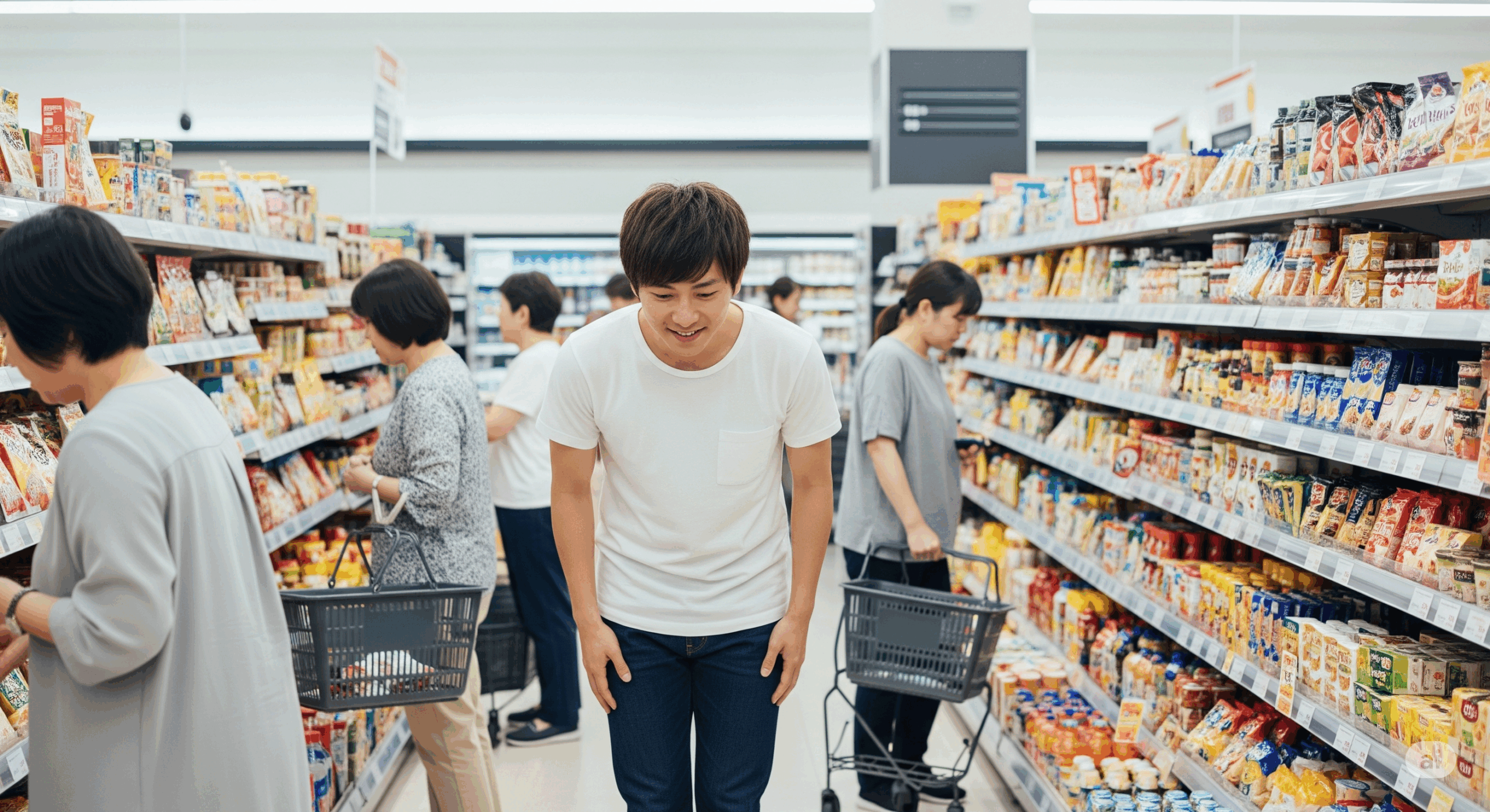 20代の日本人男性が商品を見ている他の買い物客の前を軽く会釈しながら通り過ぎる様子