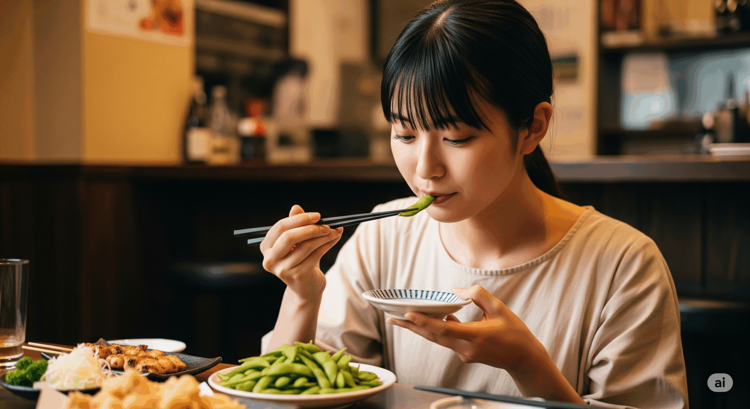 20代の日本人女性が上品に枝豆を食べている様子