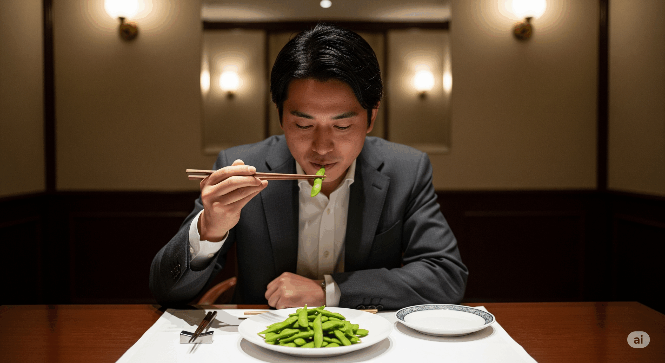 ビジネス会食の場面で、30代の日本人男性が箸を使って丁寧に枝豆を食べている様子