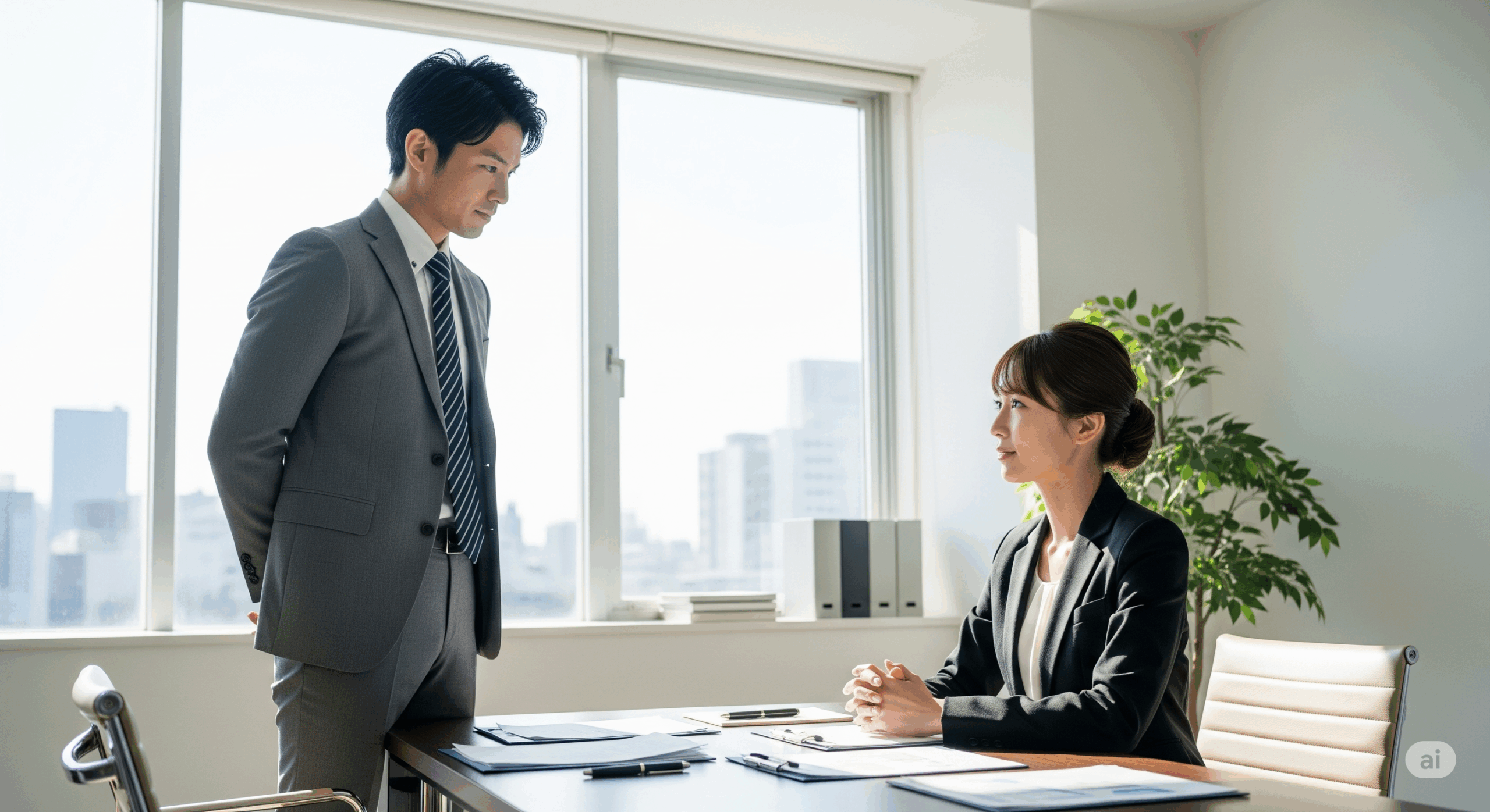 20代の日本人男性と女性のビジネスパーソンが商談をしている場面