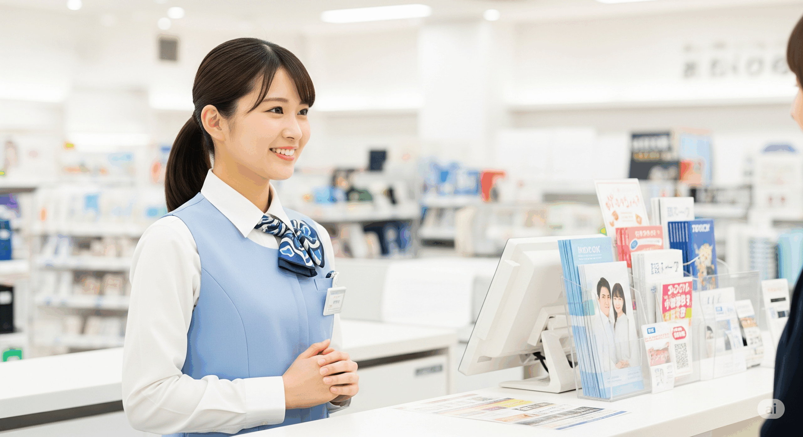 明るい接客カウンターで、20代の日本人女性店員が正しい姿勢で手を前で組んでお客様に対応している場面