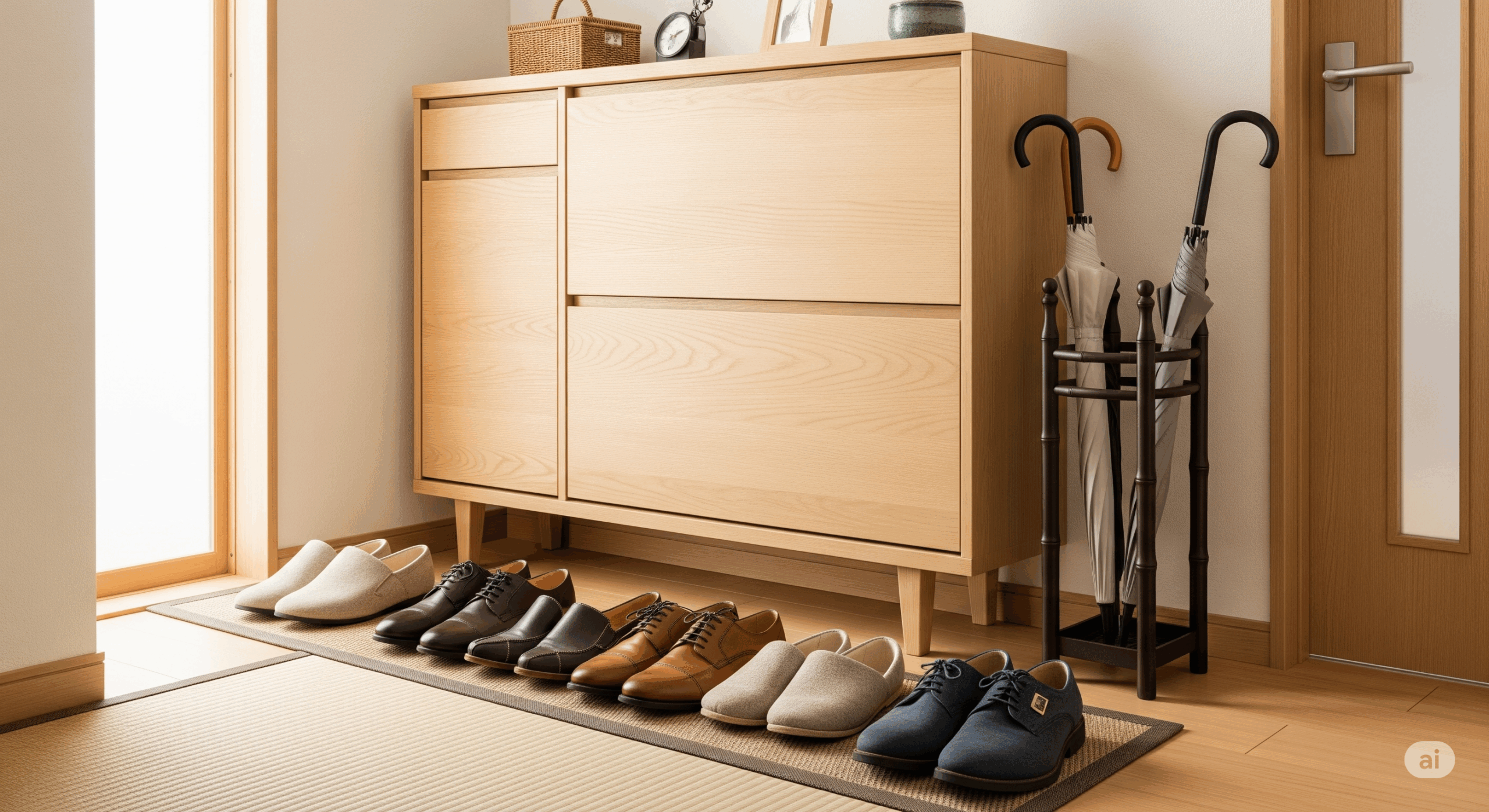 複数の靴が美しく横向きに揃えて置かれている様子