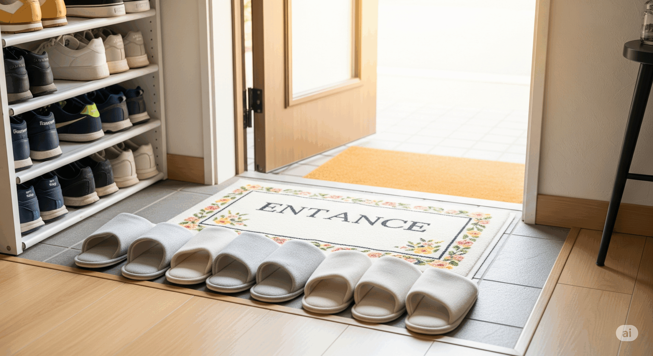 来客を迎える準備が整った玄関の風景。ゲスト用のスリッパが綺麗に並べられ、家族の靴が端に整理されている様子