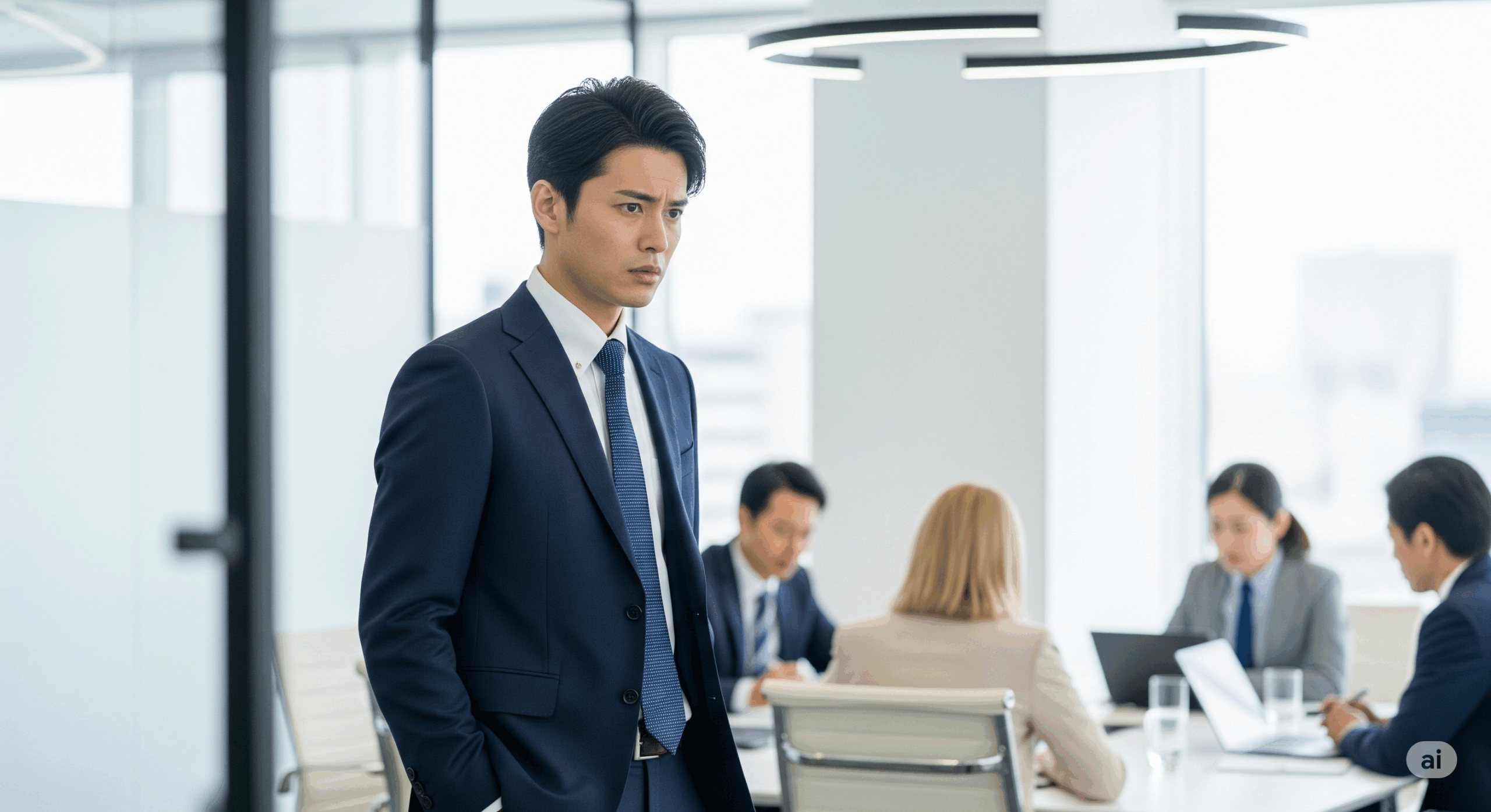 ãªãã£ã¹ã®äŒè°å®€ã§ãã¹ãŒããçã30ä»£ã®æ¥æ¬äººç·æ§ãå°ã£ã衚æ
ã§ãã±ããã«æãå
¥ããŠããæ§å