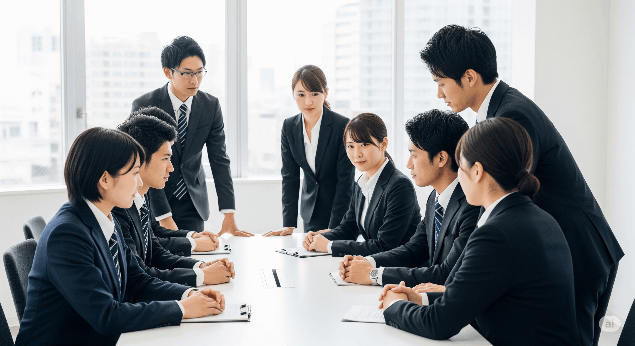 ã¹ãŒããçã20代ãã30ä»£ã®æ¥æ¬äººããžãã¹ããŒãœã³ïŒç·å¥³æ··åïŒãé©åãªå§¿å¢ã§äŒè°ãããŠãã