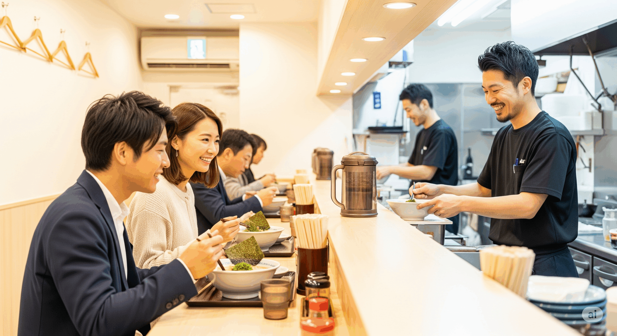 清潔感のあるラーメン店のカウンター席で、30代の日本人男性と女性が並んでラーメンを食べている様子