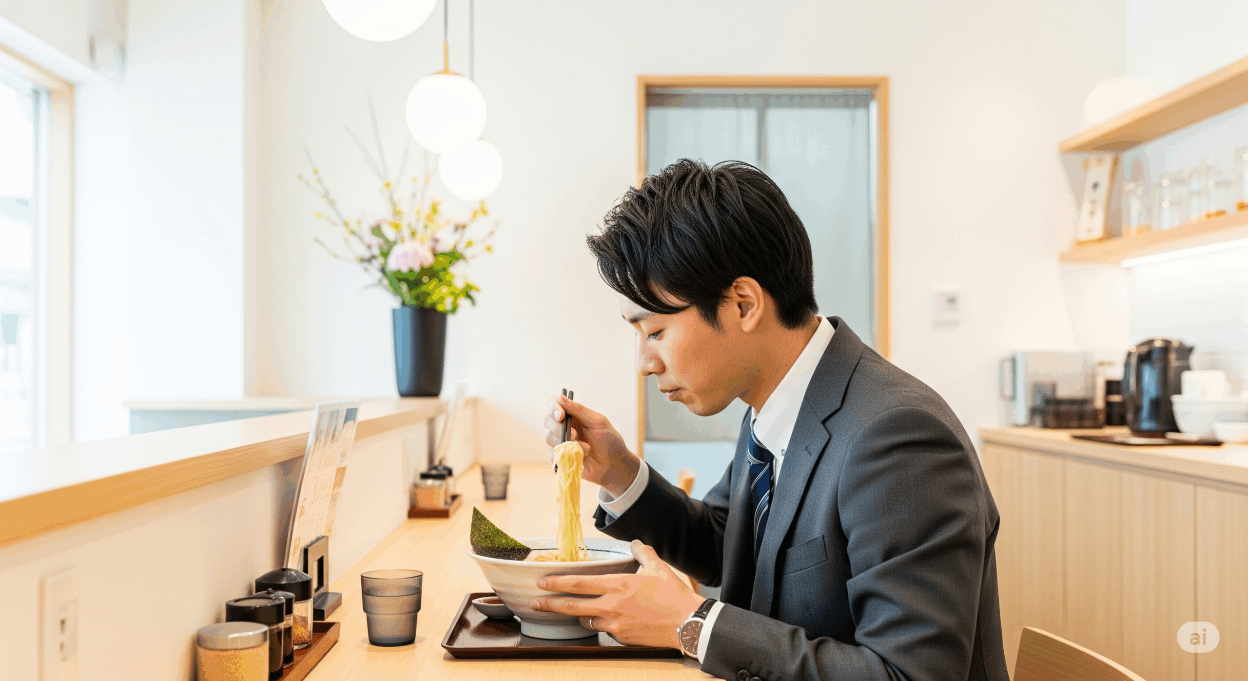 ビジネスマンの昼食シーンで、スーツを着た20代後半の日本人男性がラーメン店で食事をしている様子