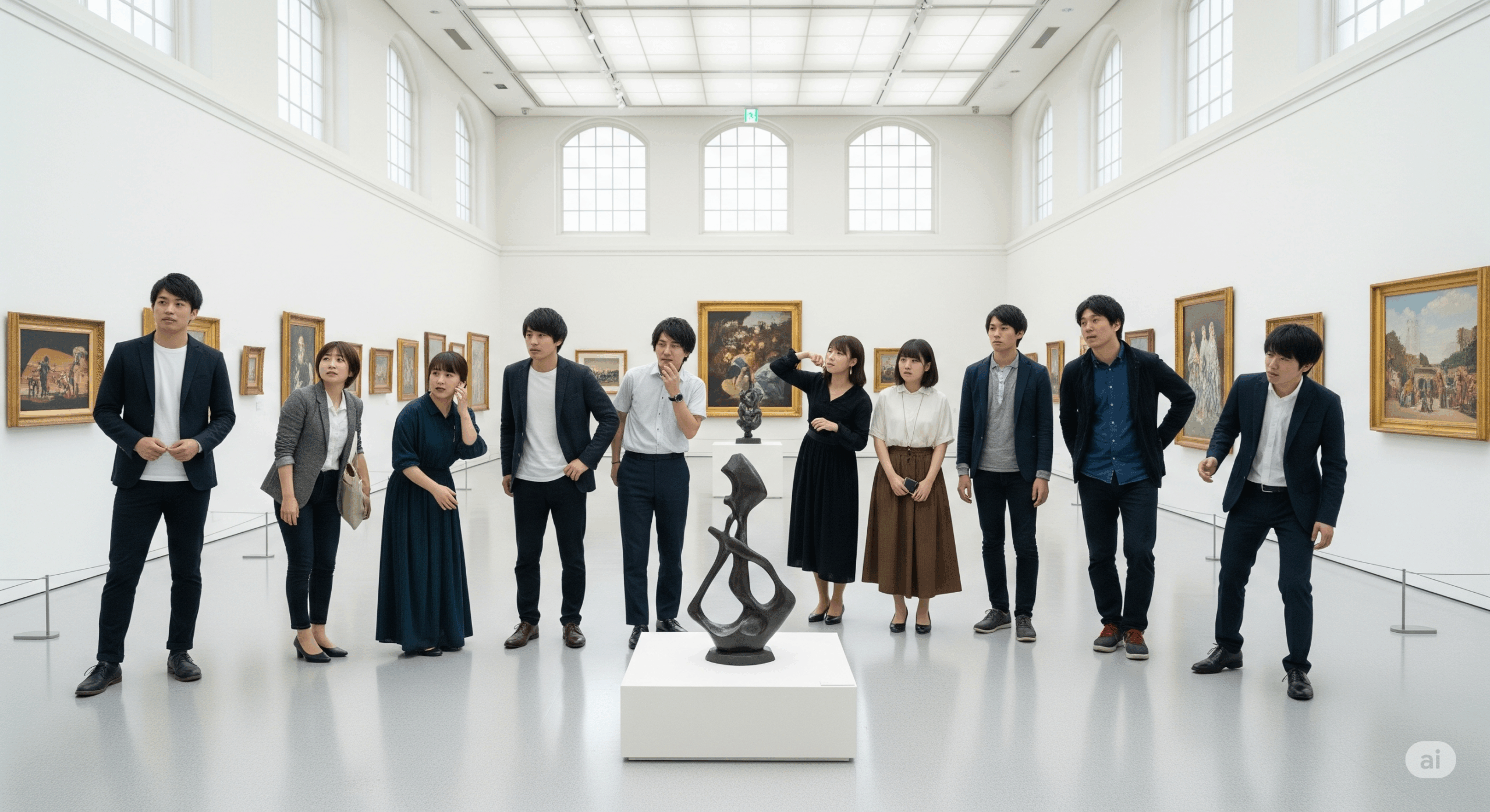 美術館やギャラリーの展示会場で、20代から30代の日本人男女が作品の前で困惑している様子