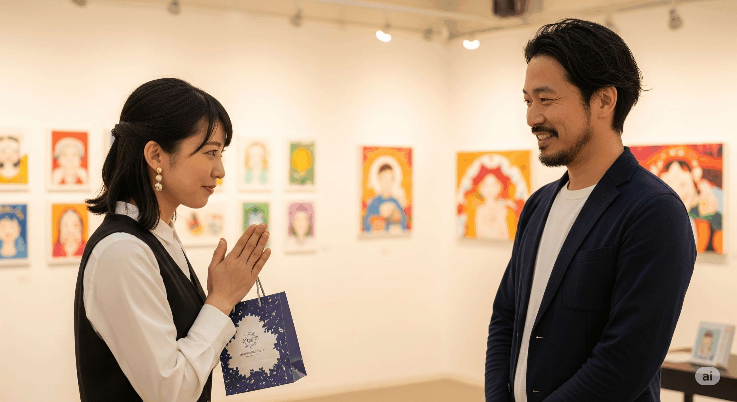 個展会場で30代の日本人女性が作家と丁寧に挨拶をしている場面