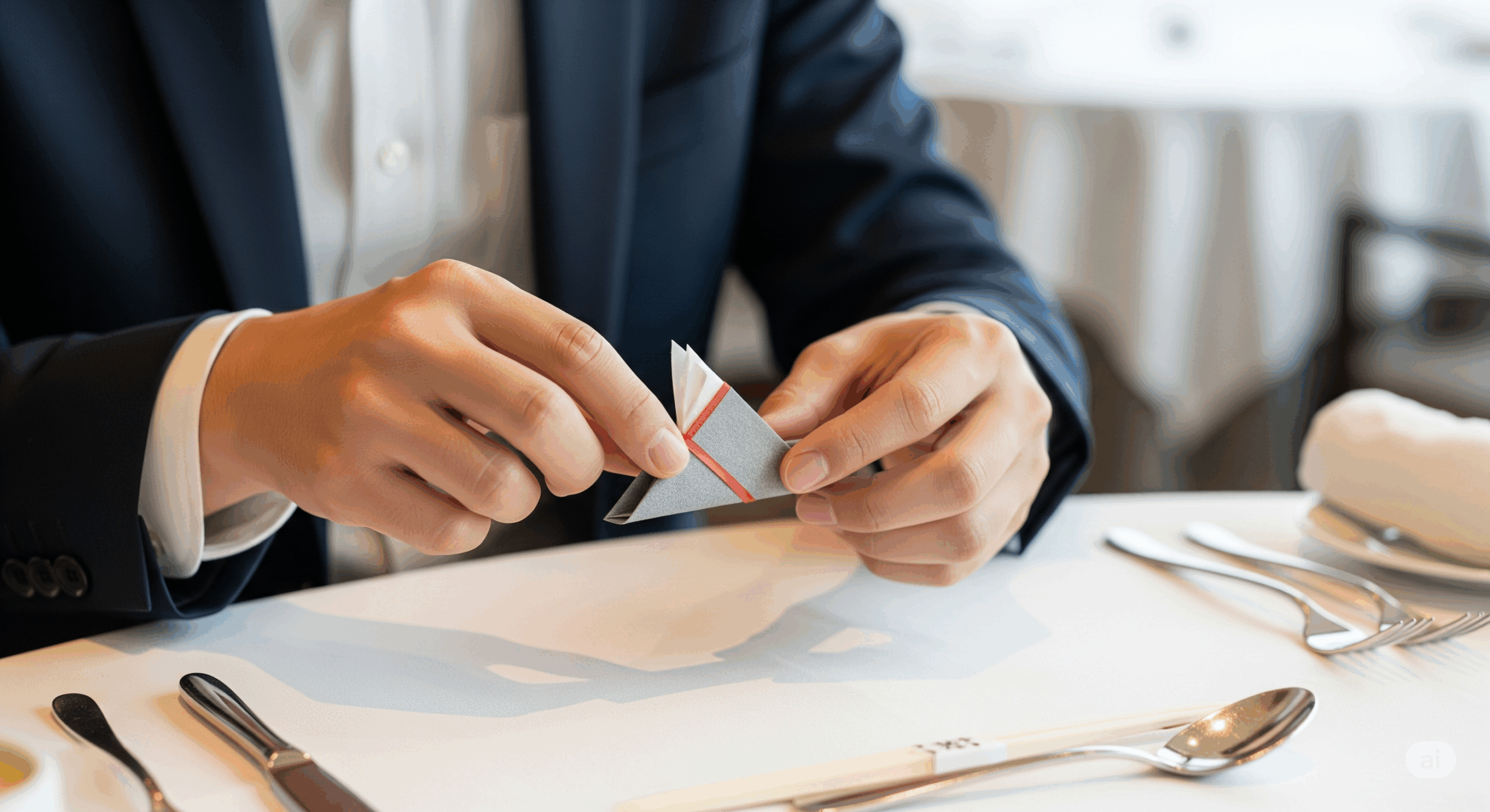 高級レストランのテーブルで、30代の日本人男性が箸袋を丁寧に折って箸置きを作っている手元のクローズアップ