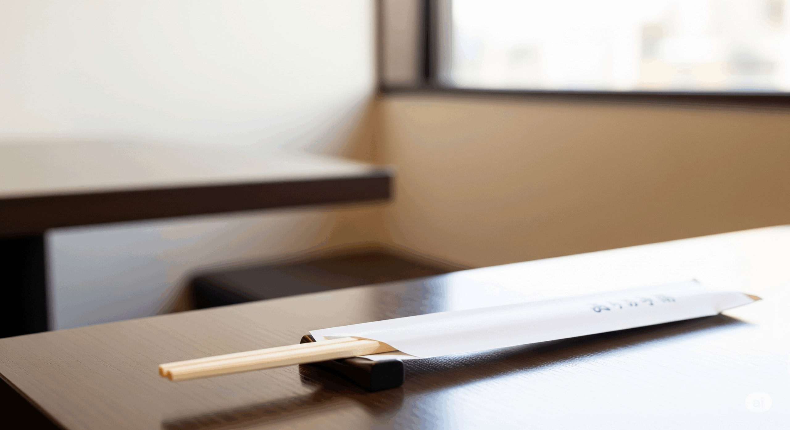 和食レストランのテーブル上で、食事を終えた後の箸袋の正しい処理方法を示すシーン