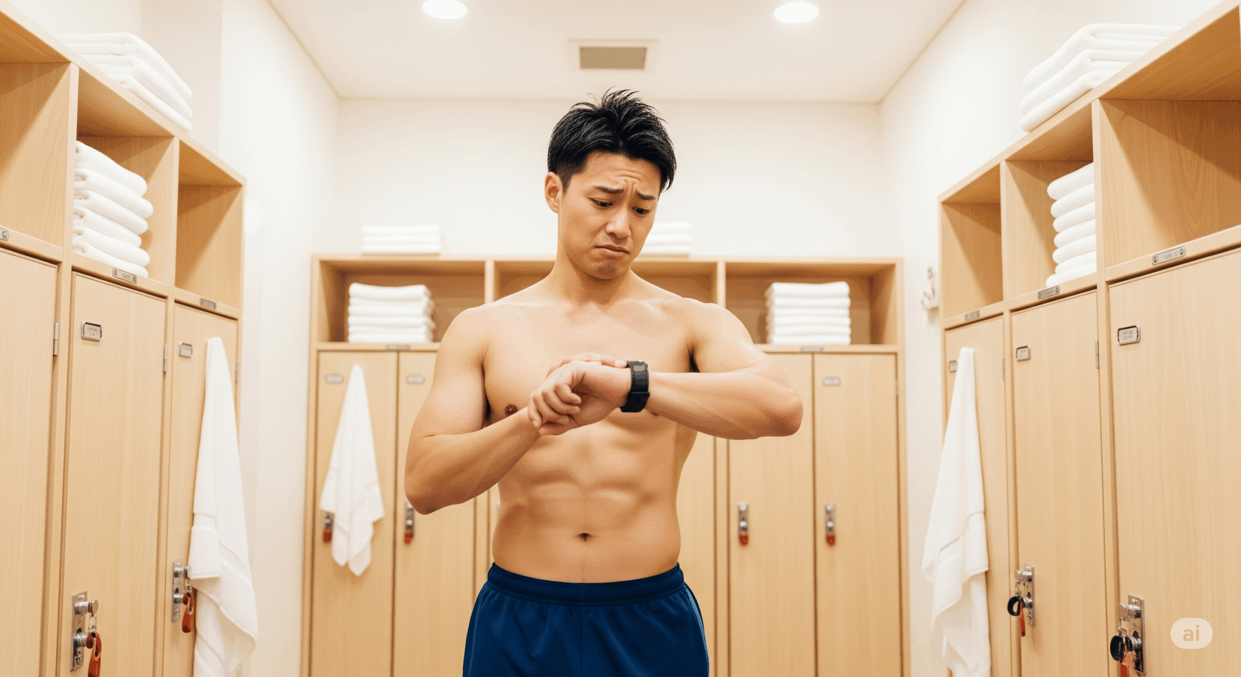 困惑した表情の30代日本人男性がサウナの脱衣所で腕時計を見つめている場面