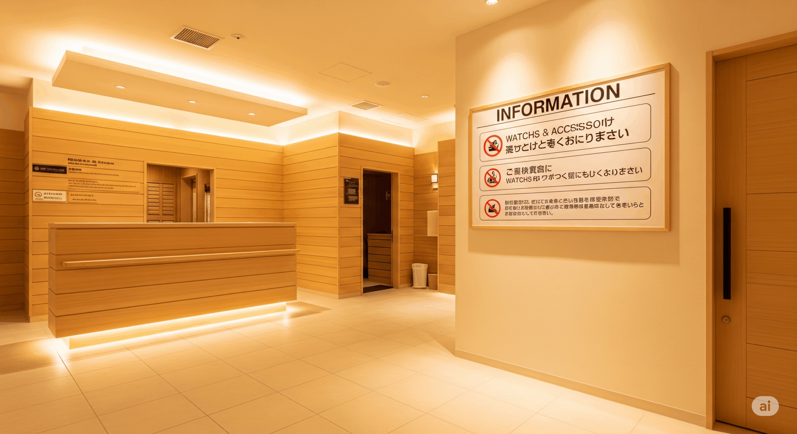 現代的なサウナ施設の利用案内ボードが壁に掲示されている場面